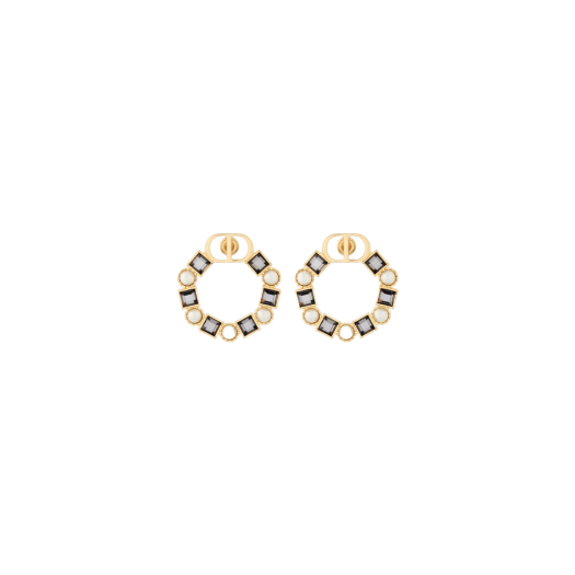 (W) Dior Petit CD Earrings Gold Finish Metal White Resin Pearls Black Crystals