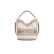 Celine Bucket 16 Bag in Striped Textile with Celine Jacquard and Calfskin Tobacco Tan