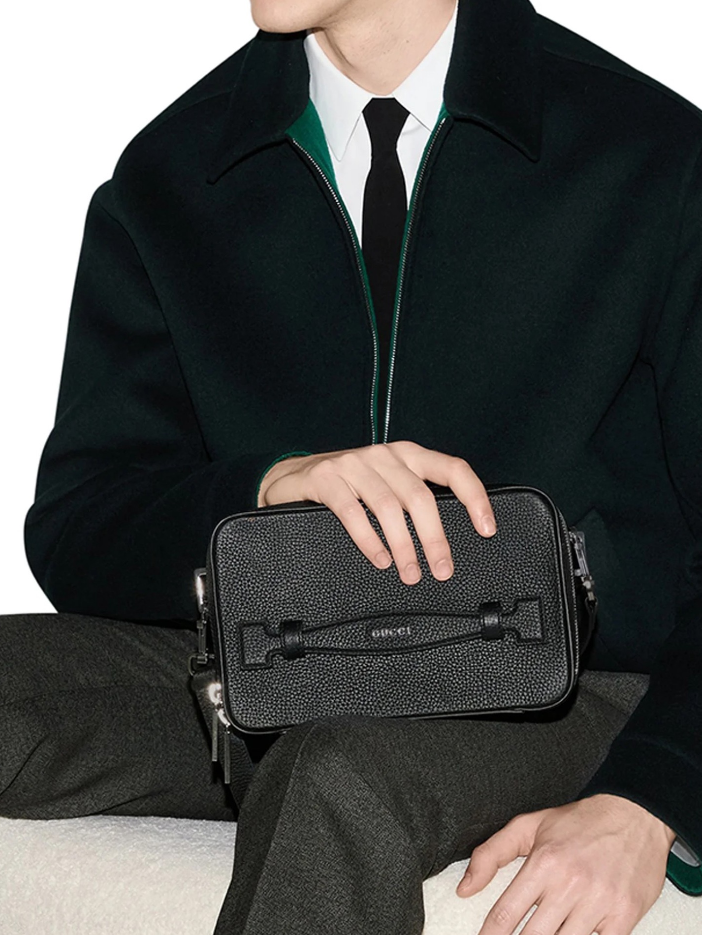 Gucci Wool Zip Jacket with Jacquard Dark Blue 착용 스타일