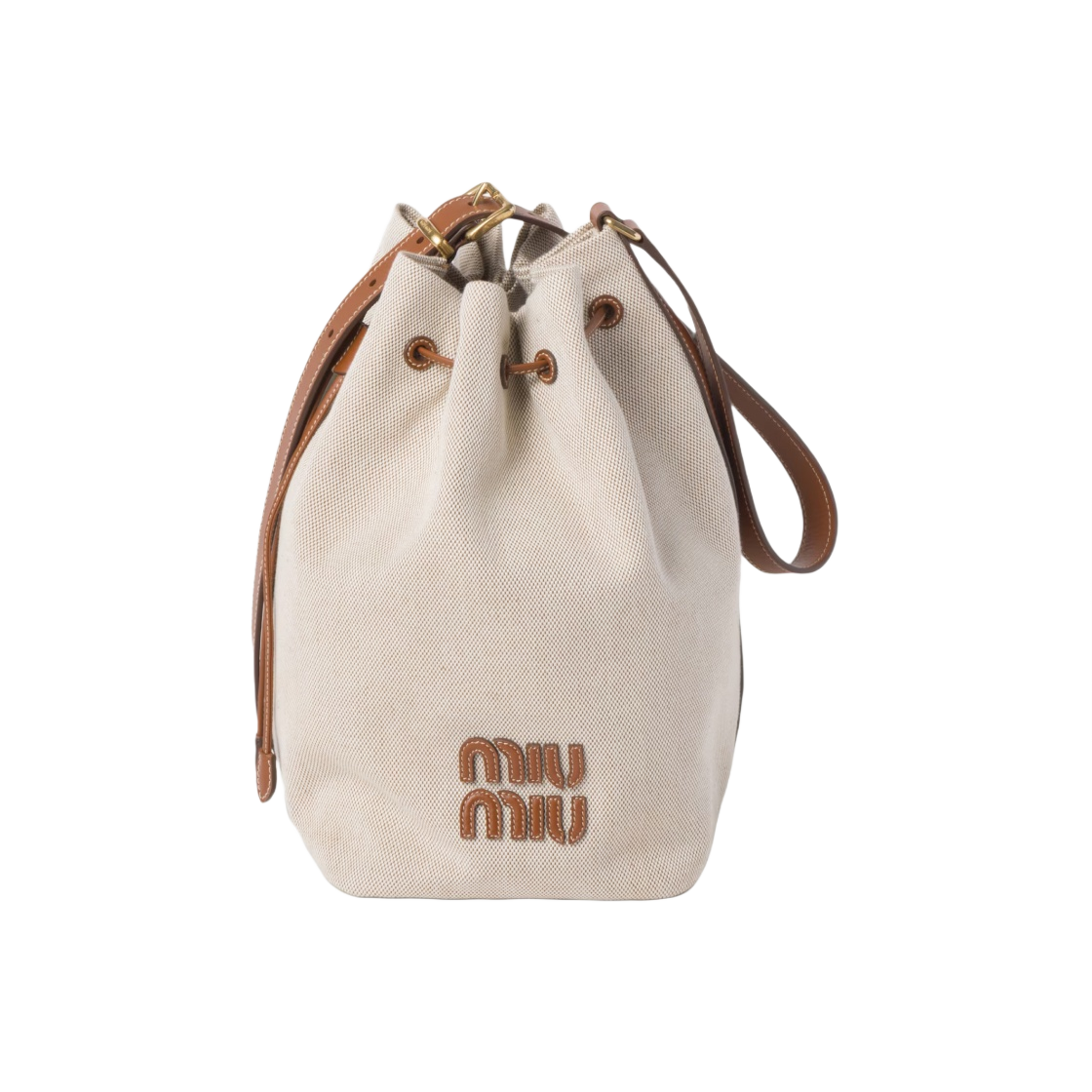 5BE089-2CRN-F062F Miu Miu Canvas Leather Bucket Bag Beige Brandy