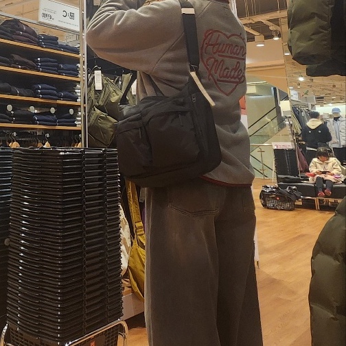 Human Made Fleece Half-Zip Pullover Gray, Uniqlo Multi Pocket Shoulder Bag Black 착용 스타일