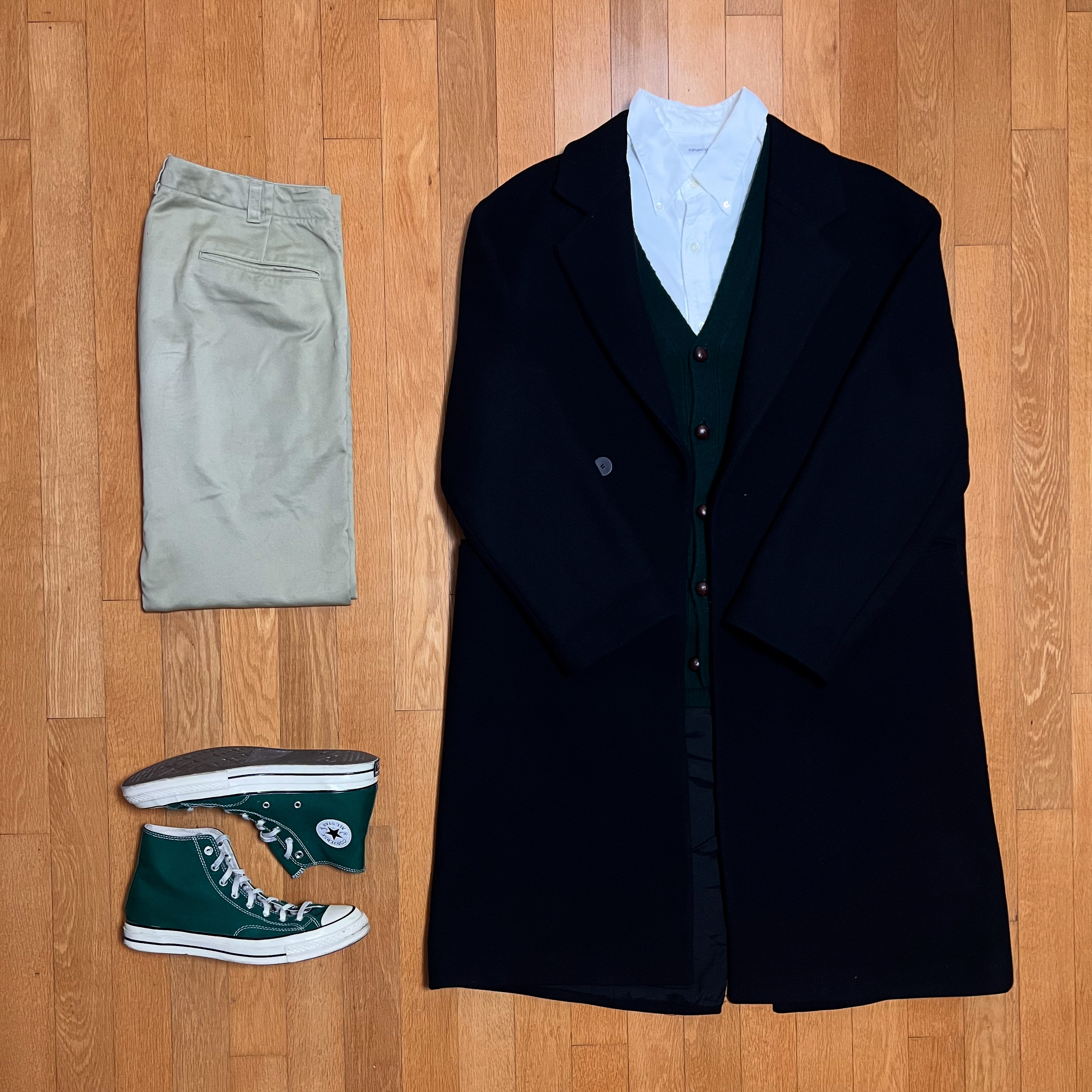 Zara x Studio Nicholson Oversize Coat Black, Converse Chuck 70 High Seasonal Color Admiral Elm Green 착용 스타일