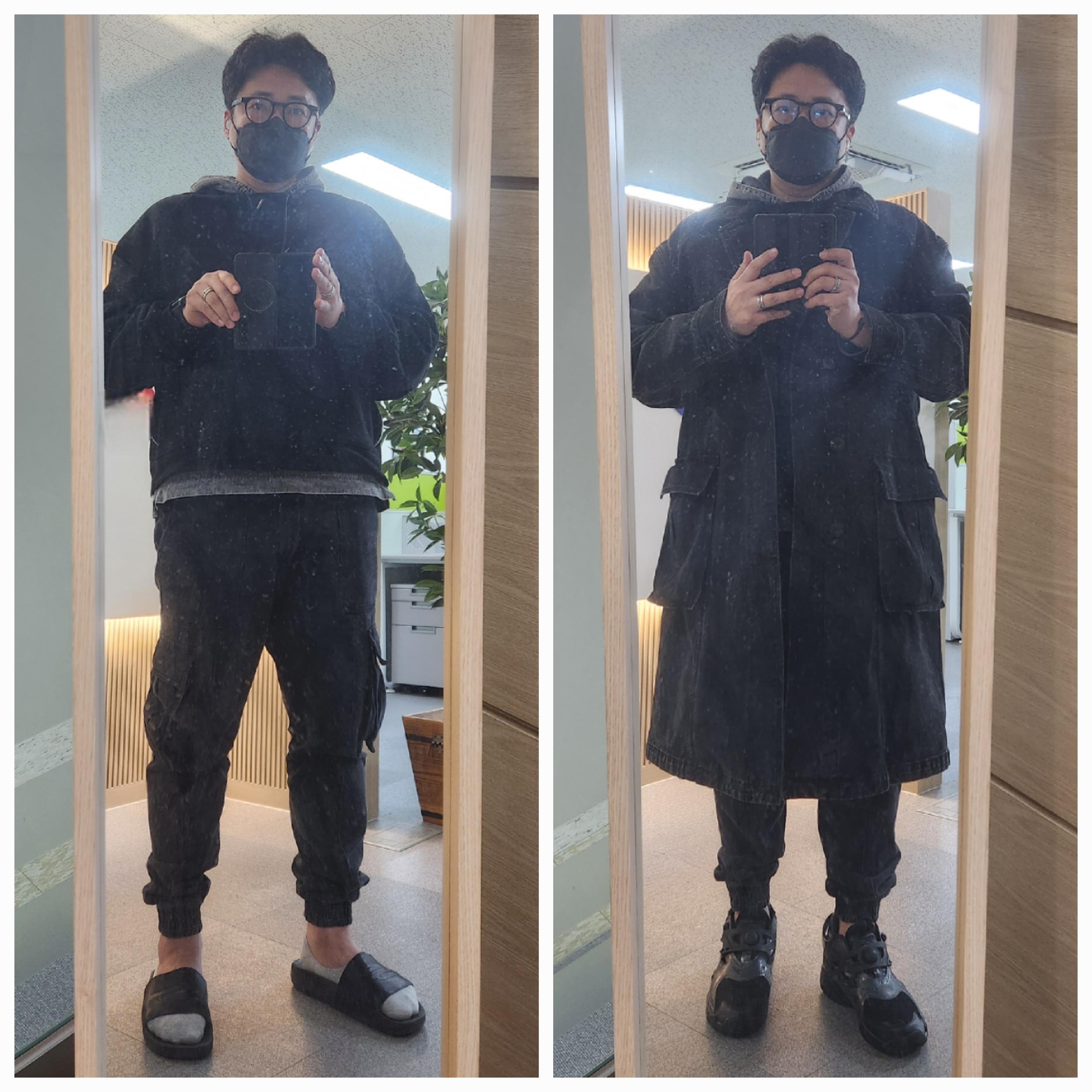 준지 데님 카고 조거 팬츠 블랙 - 23FW, 젠틀 몬스터 x 메종 마르지엘라 MM009S 클리어 블랙 착용 스타일 - 1