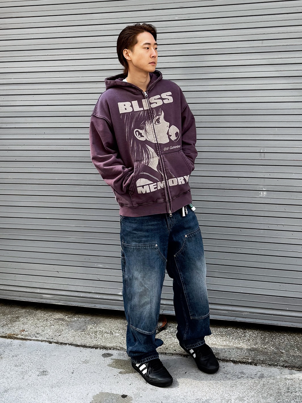 QT8 GARMENTS Bliss Washed Zip-up hoodie Navy, QT8 GARMENTS Painted Double Knee Washed Pants Blue 착용 스타일 - 1