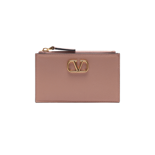Valentino Vlogo Signature Grainy Calfskin Card Holder with Zip Rose Cannelle
