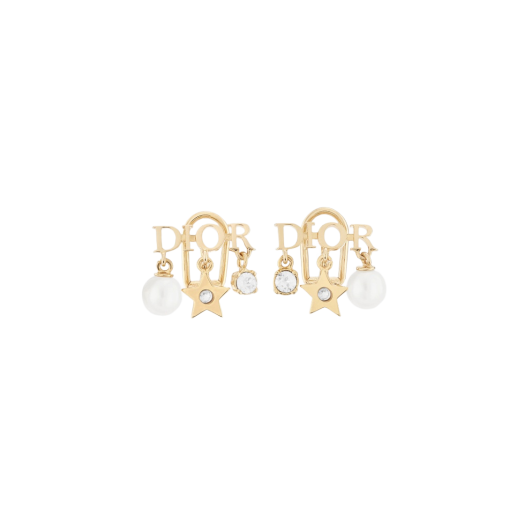 (W) Dior Dio(r)evolution Clip-On Earrings Gold Finish Metal White Resin Pearls White Crystals