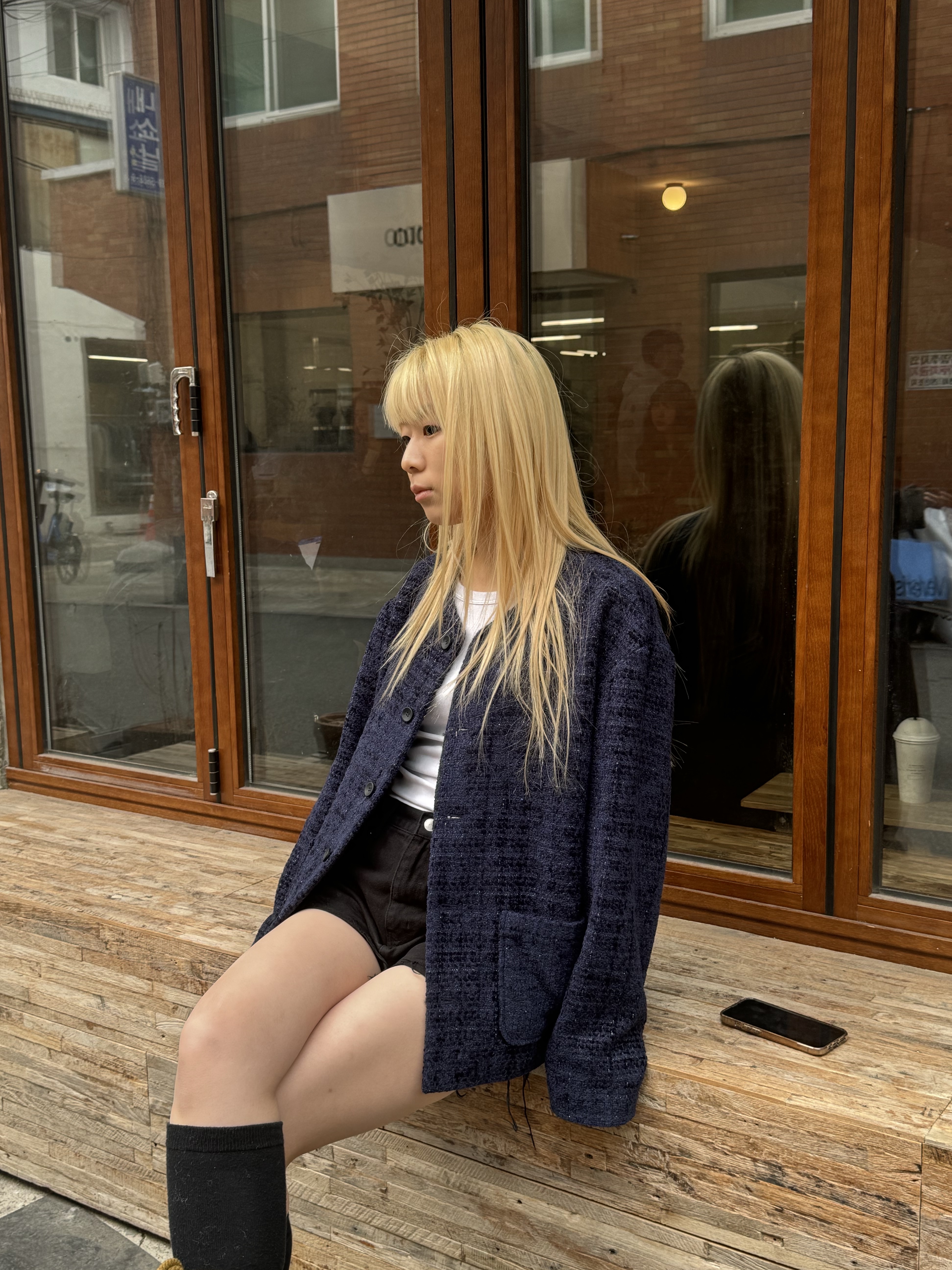 Hono Report Collarless  Cardigan Navy Tweed 착용 스타일 - 5