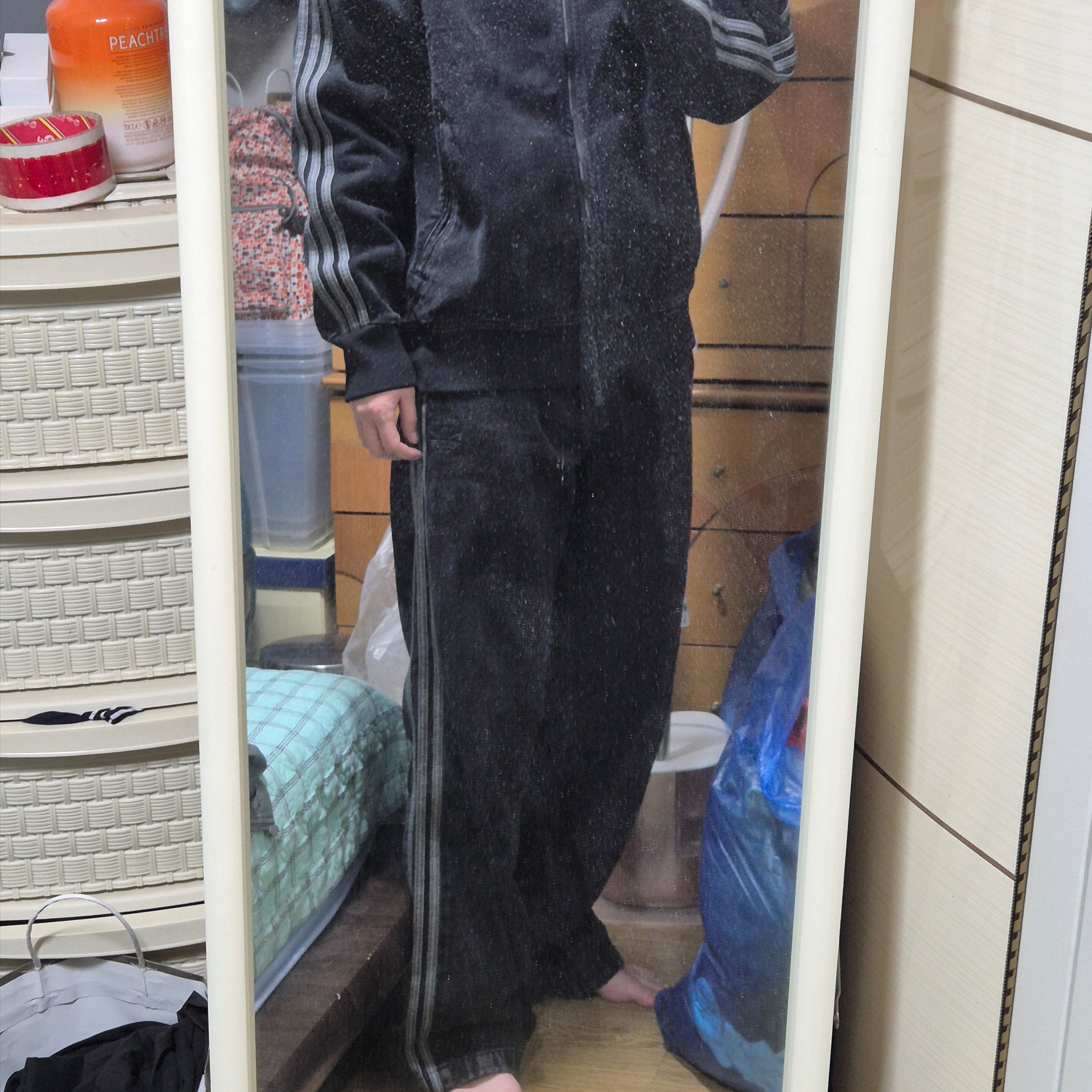 Adidas Adicolor Denim Firebird Track Top True Black Denim  - KR Sizing, Adidas Adicolor Denim Firebird Pants True Black Denim - KR Sizing 착용 스타일