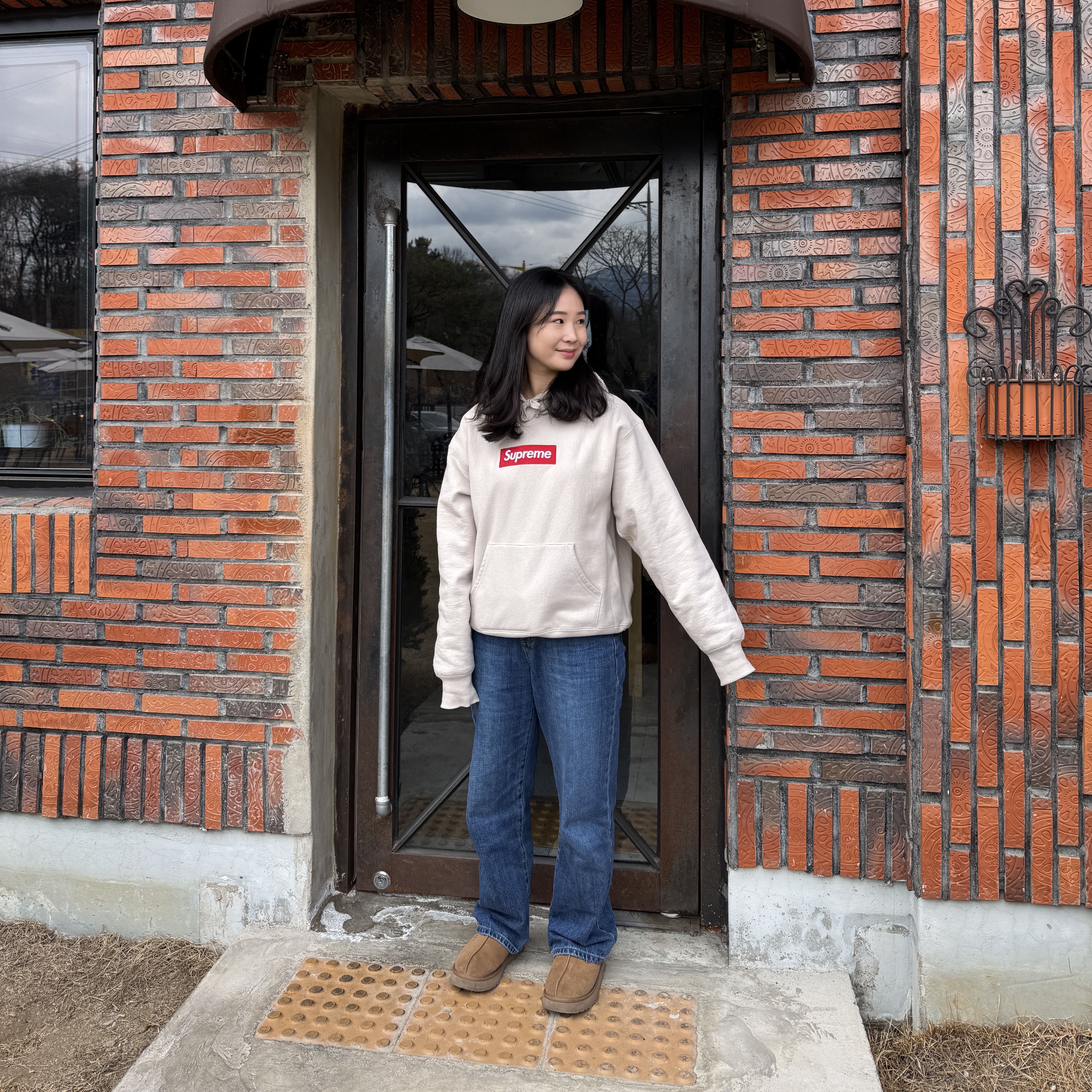 Supreme Box Logo Hooded Sweatshirt Stone - 24FW 착용 스타일