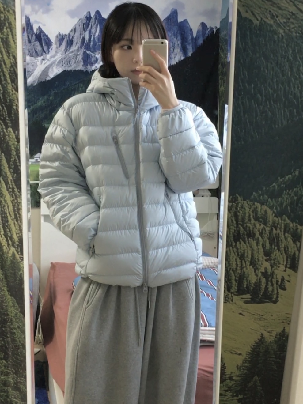Musinsa Standard City Leisure Hooded Light Down Jacket Cloudy Blue 착용 스타일