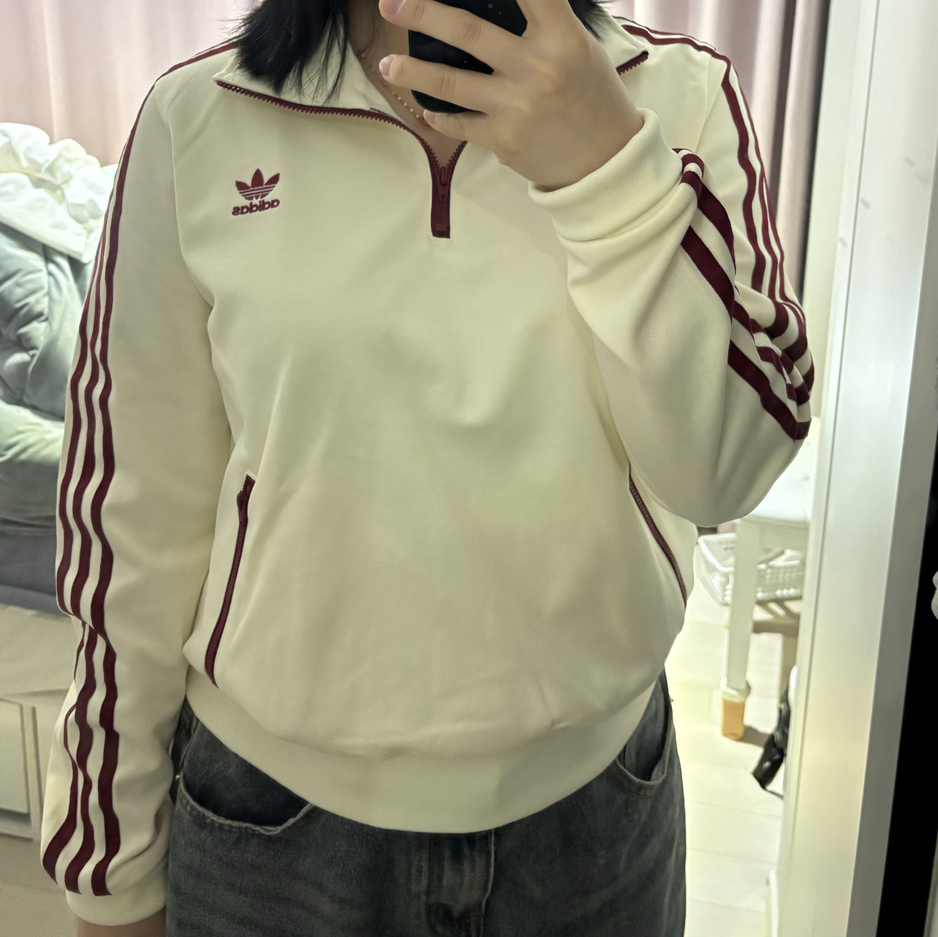 (W) Adidas x Sporty & Rich Half-Zip Track Jacket Cream White - US Sizing 착용 스타일