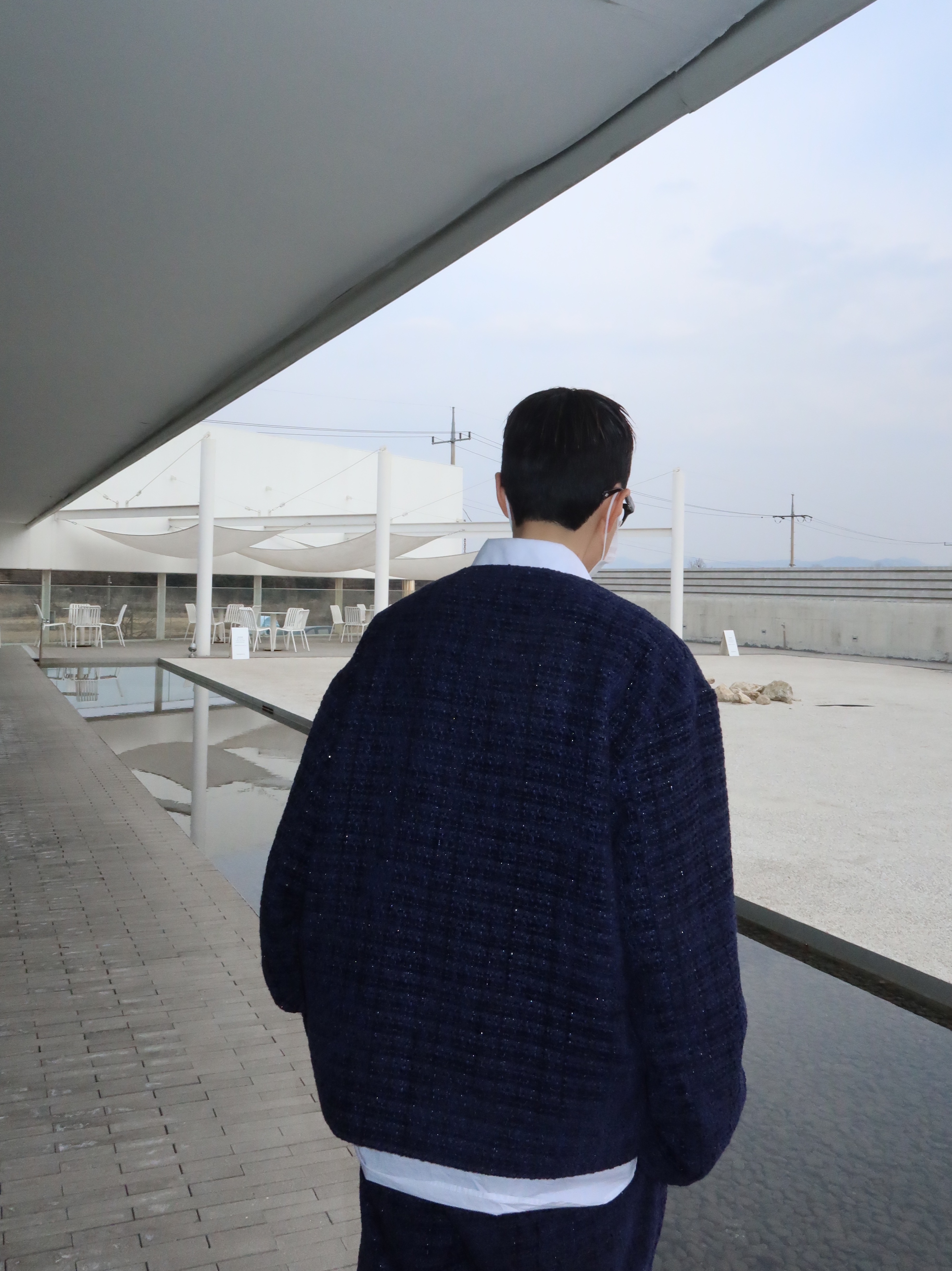 Hono Report Flap Pocket Pants Navy Tweed, Hono Report Collarless  Cardigan Navy Tweed 착용 스타일 - 2