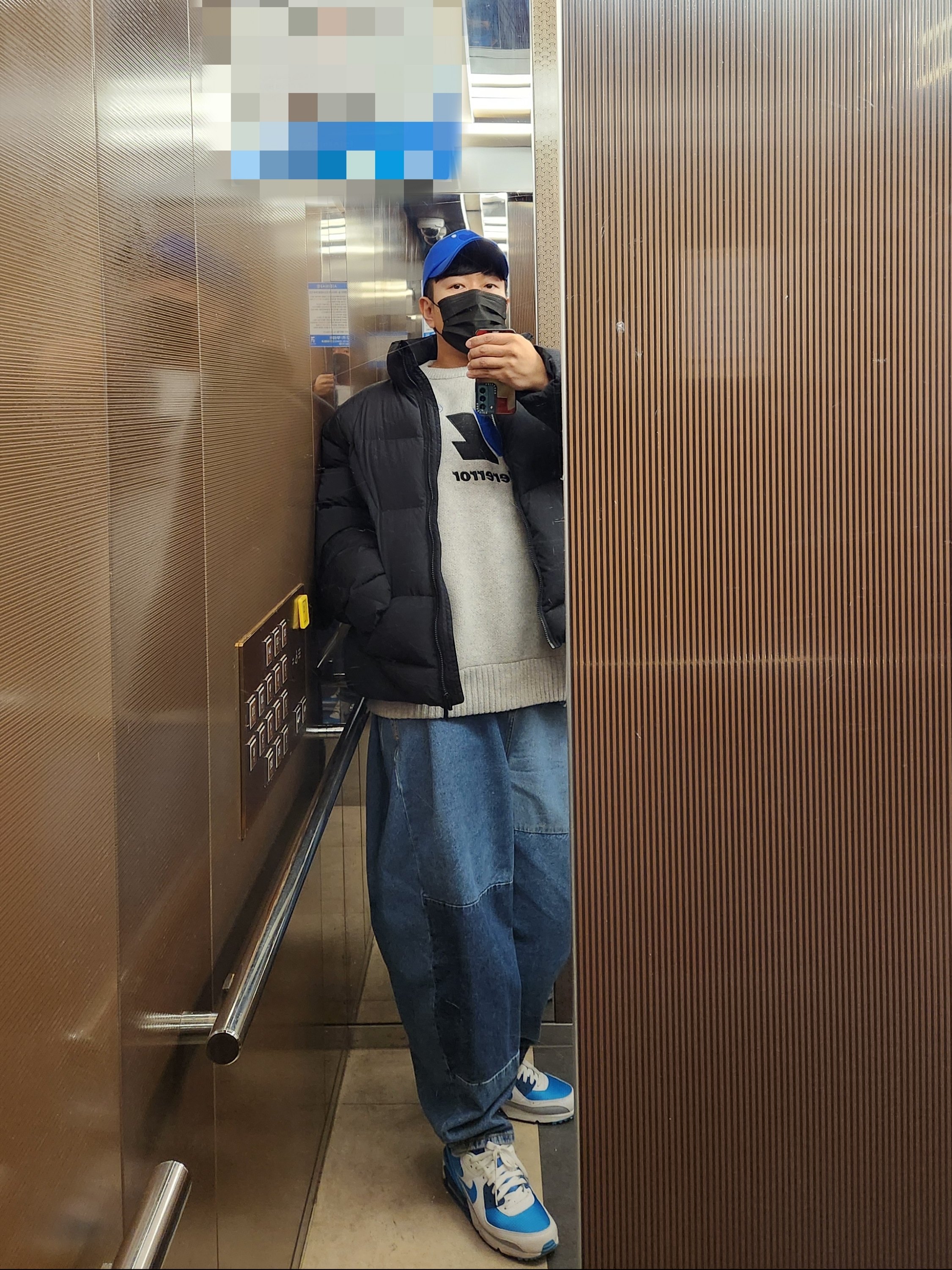 Ader Error Twin Heart Logo Cap Blue, Zara x Ader Error Puffer Jacket Black 착용 스타일