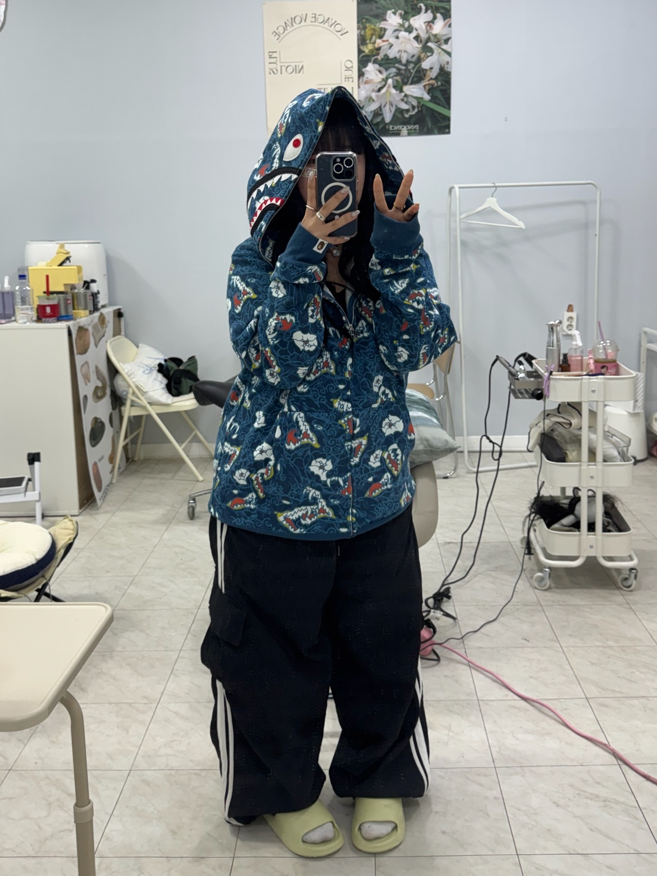 BAPE Japanese Tattoo Camo Shark Fz Hoodie Blue 착용 스타일 - 1