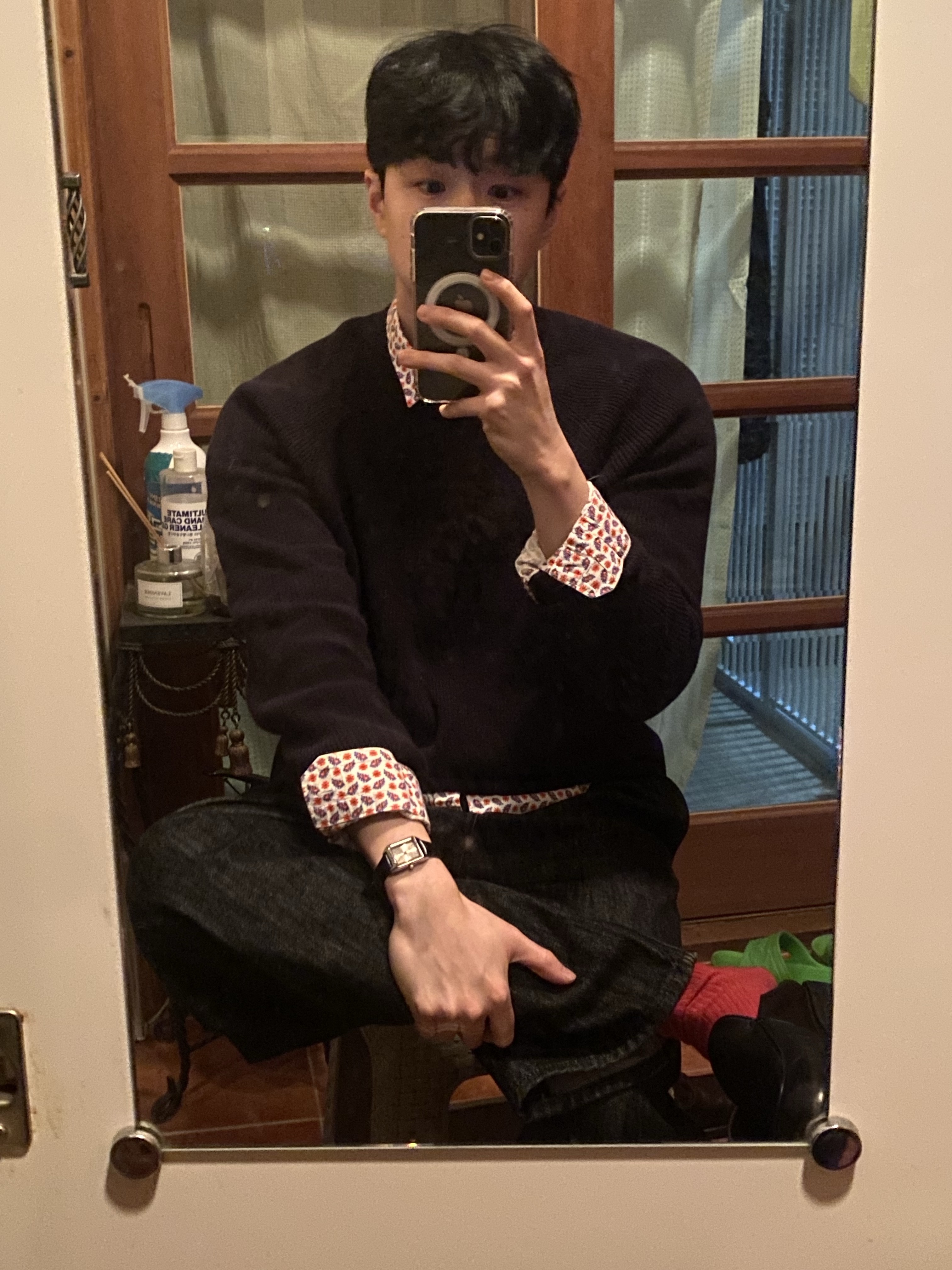 Zara Wool Cable Knit Sweater Black 착용 스타일 - 1