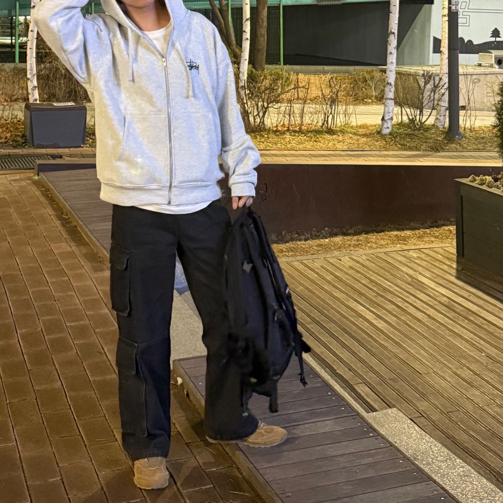 Stussy Basic Stussy Zip Hoodie Ash Heather, Mizuno LG 60S 2K Brown 착용 스타일 - 1