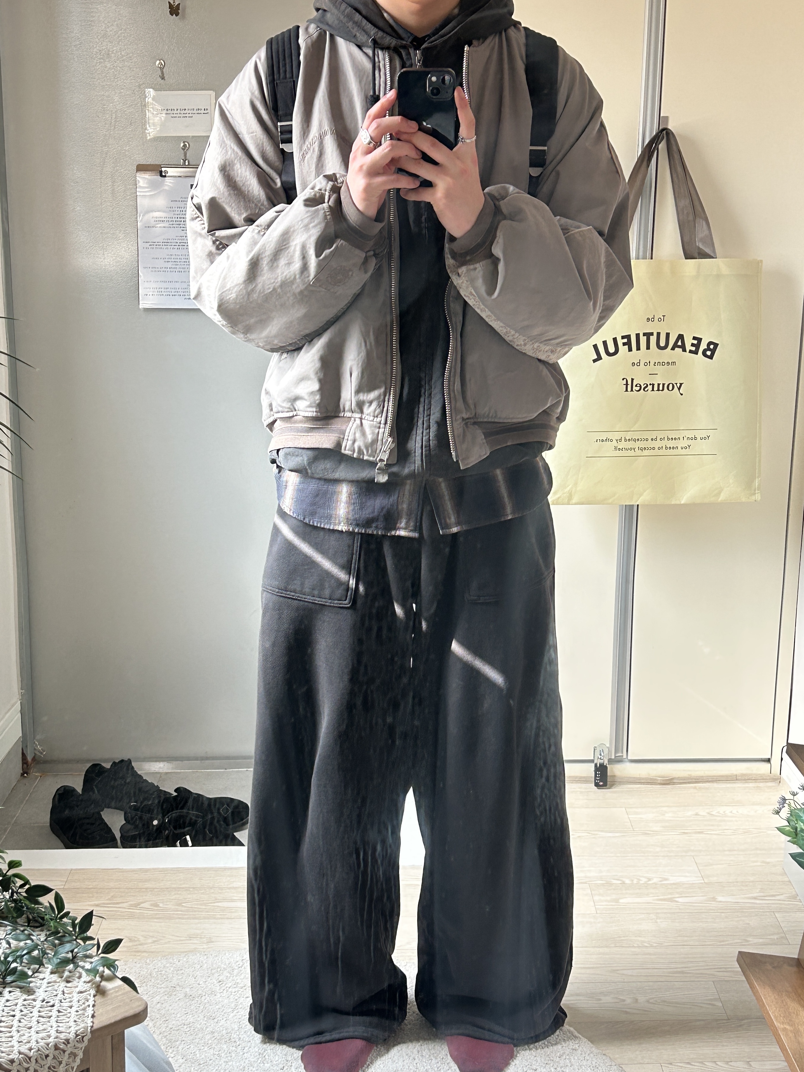 Polyteru Used Backpack 2PK Black, Polyteru Zip Hoodie Parka Charcoal 착용 스타일 - 3