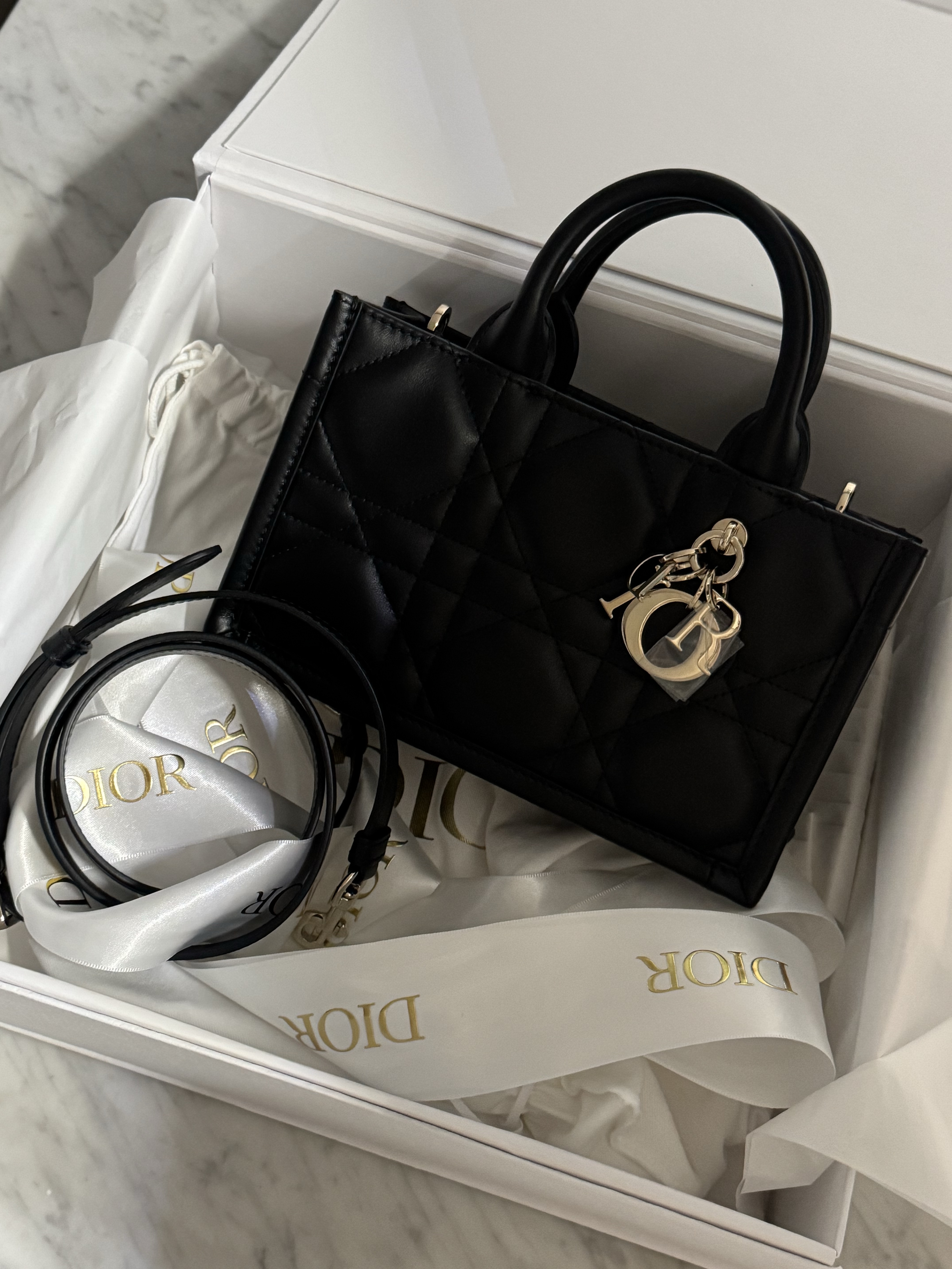 (W) Dior Vibe Sneaker Gray Oblique Transparent Rubber, Dior Mini Book Tote with Strap Macrocannage Calfskin Black 착용 스타일 - 2