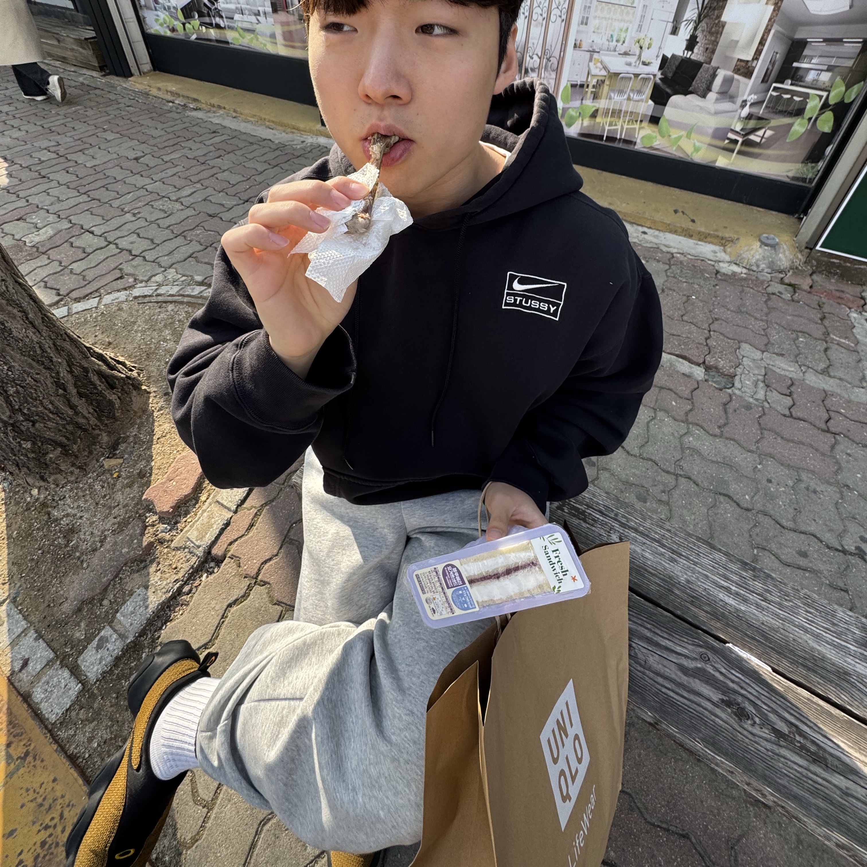 Nike x Stussy NRG RA Washed Pullover Hoodie Black (DN4028-010), Oakley Factory Team x Brain Dead Jacquard Flesh Yellow Black 착용 스타일