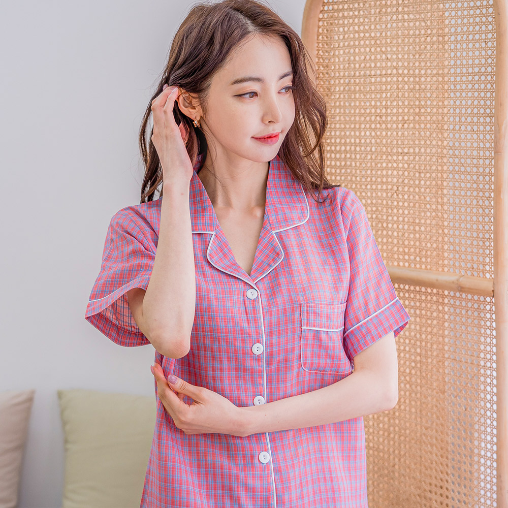 [3% 적립] (W) 에이원 상큼 체크 반팔 잠옷 세트 핑크체크([3% 적립] (W) AONE Fresh Check Short Sleeve Pajama Set Pink Check) - 2