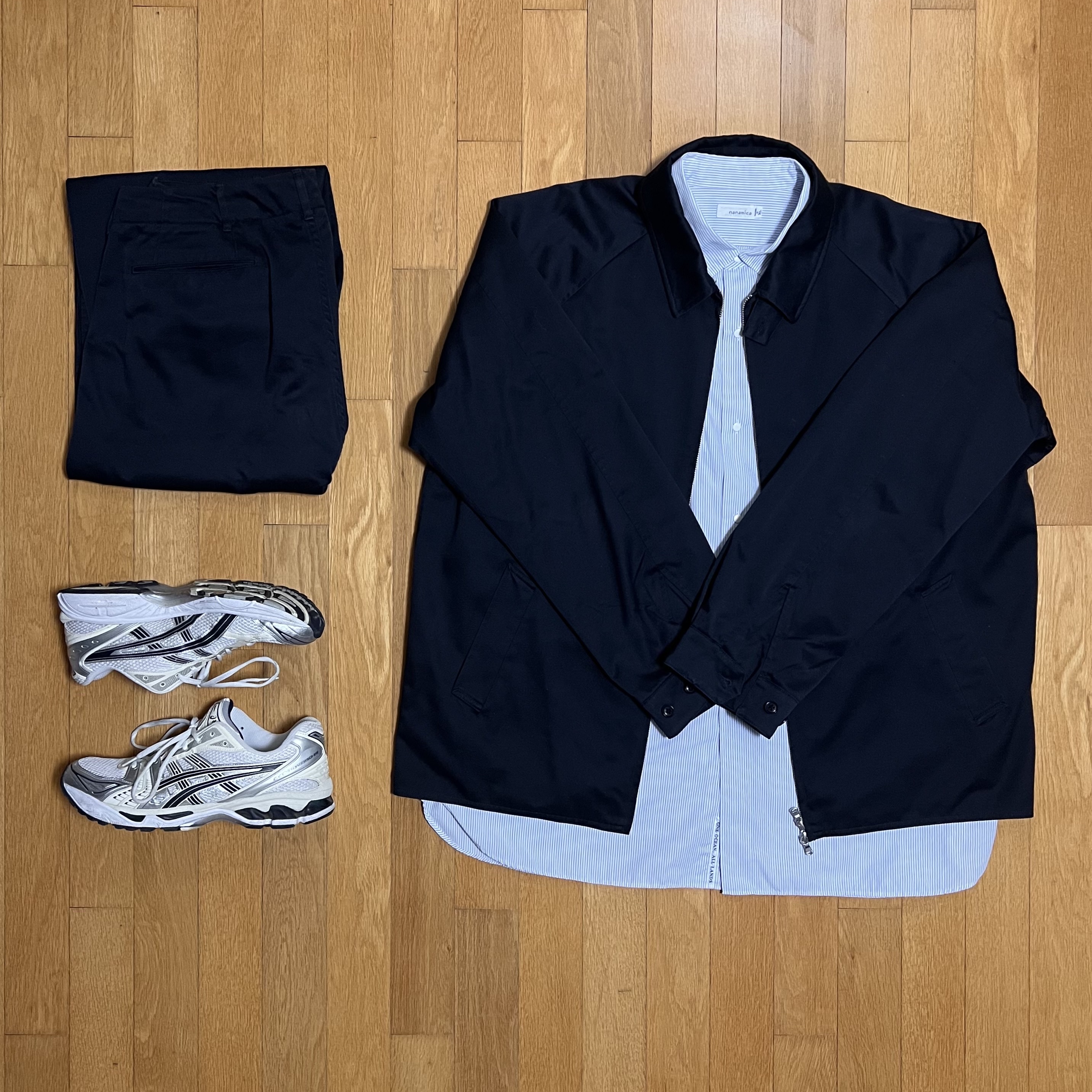 Nanamica Gore-Tex Infinium Chino Crew Jacket Navy, Nanamica Wide Chino Pants Navy 착용 스타일