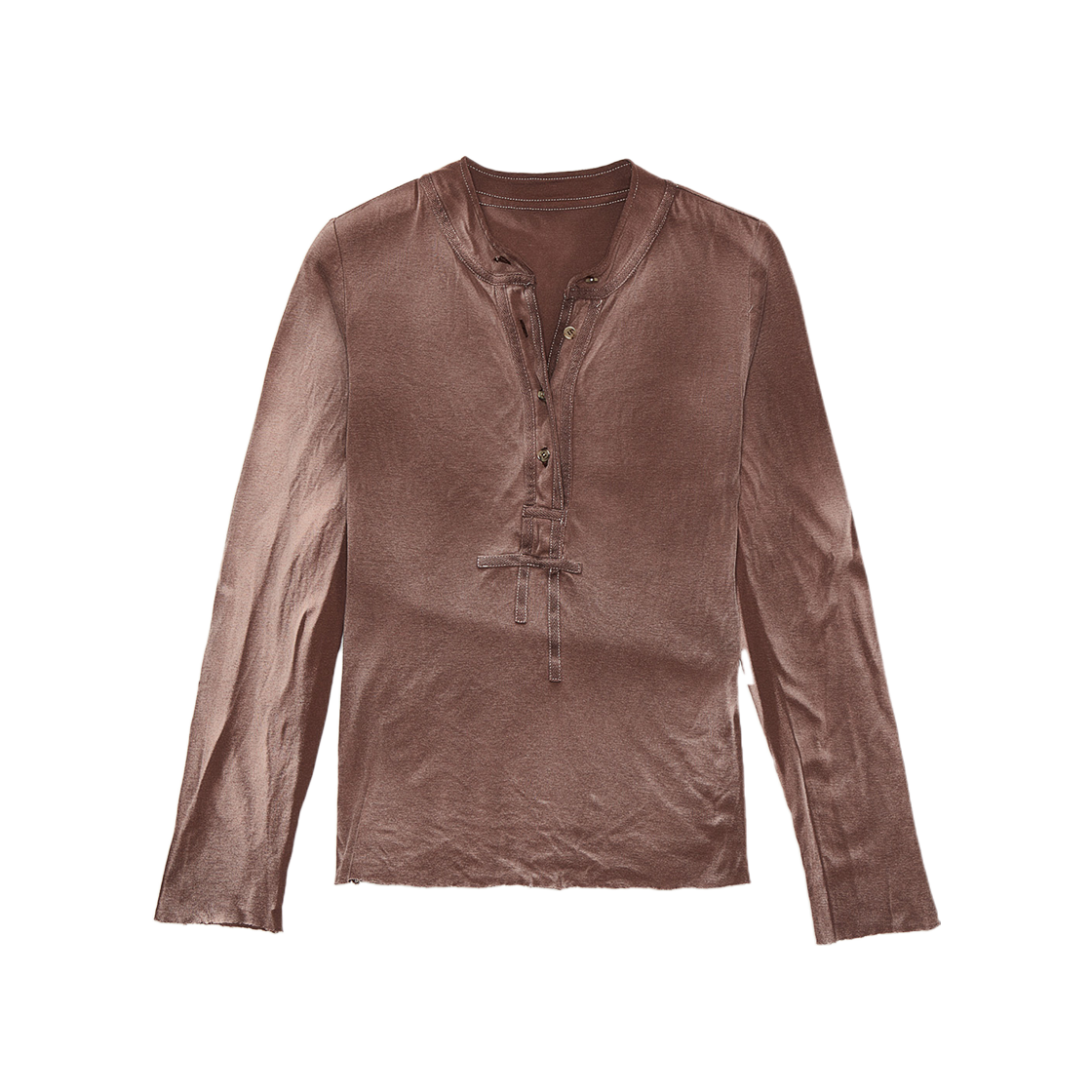 KM5BTSLEC07BR Edward Cuming Light Cotton Jersey Tyre Tracks Long Sleeved Henley Washed Brown - 25SS