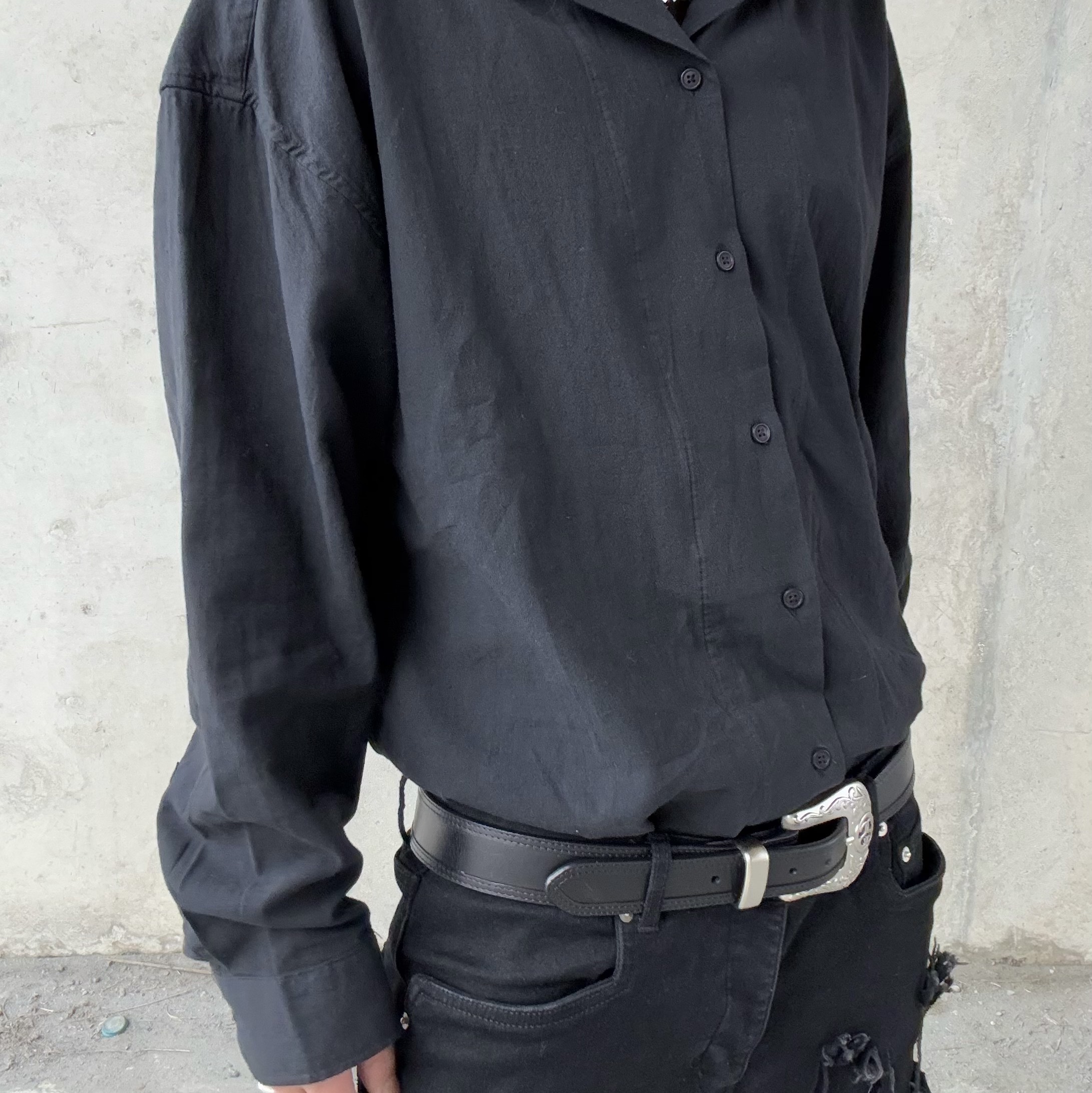 Converse x Drkshdw Turbodrk Chuck 70 Hi Black Lacquered Denim, Stussy SS Link Cowboy Belt Black 착용 스타일 - 4