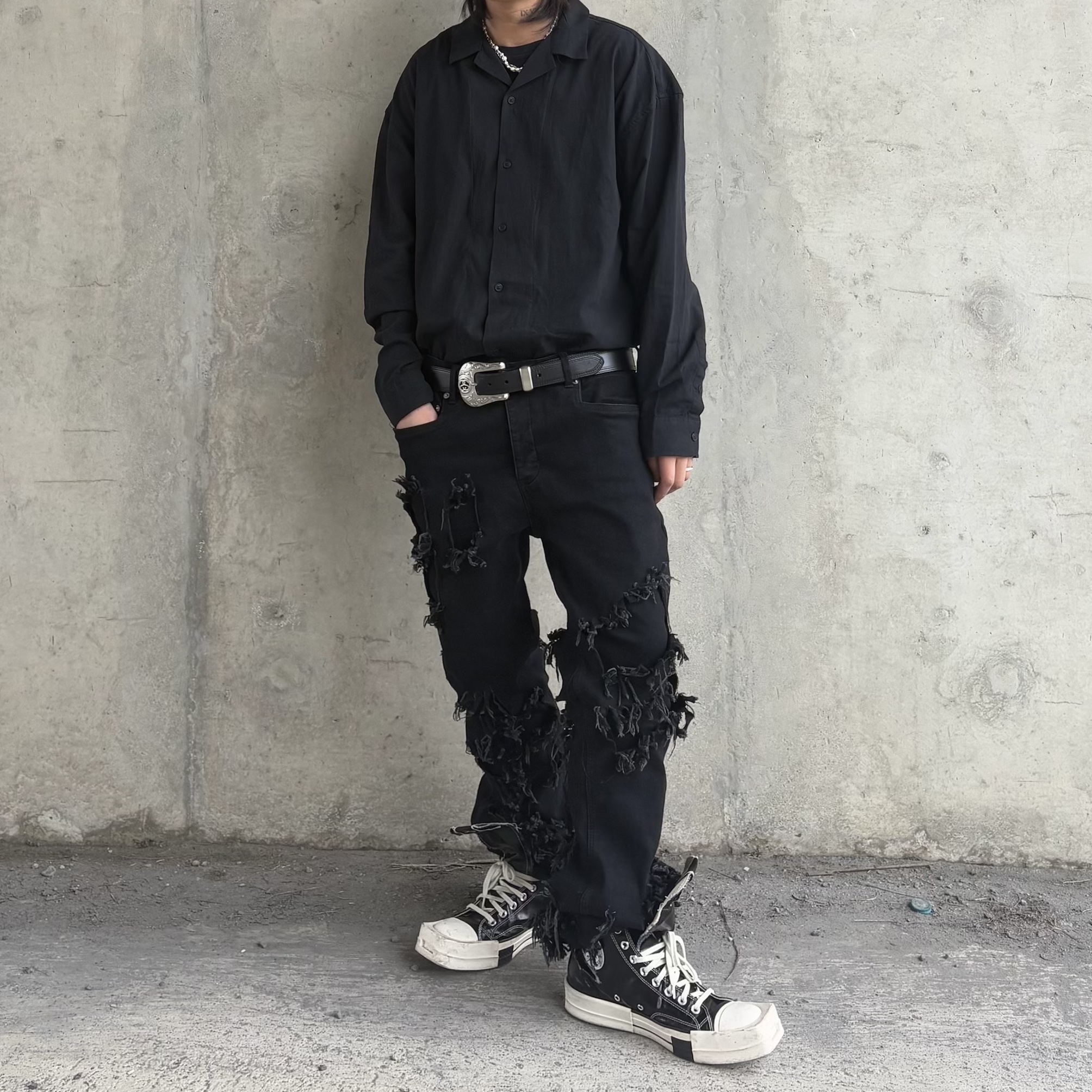 Converse x Drkshdw Turbodrk Chuck 70 Hi Black Lacquered Denim, Stussy SS Link Cowboy Belt Black 착용 스타일 - 3