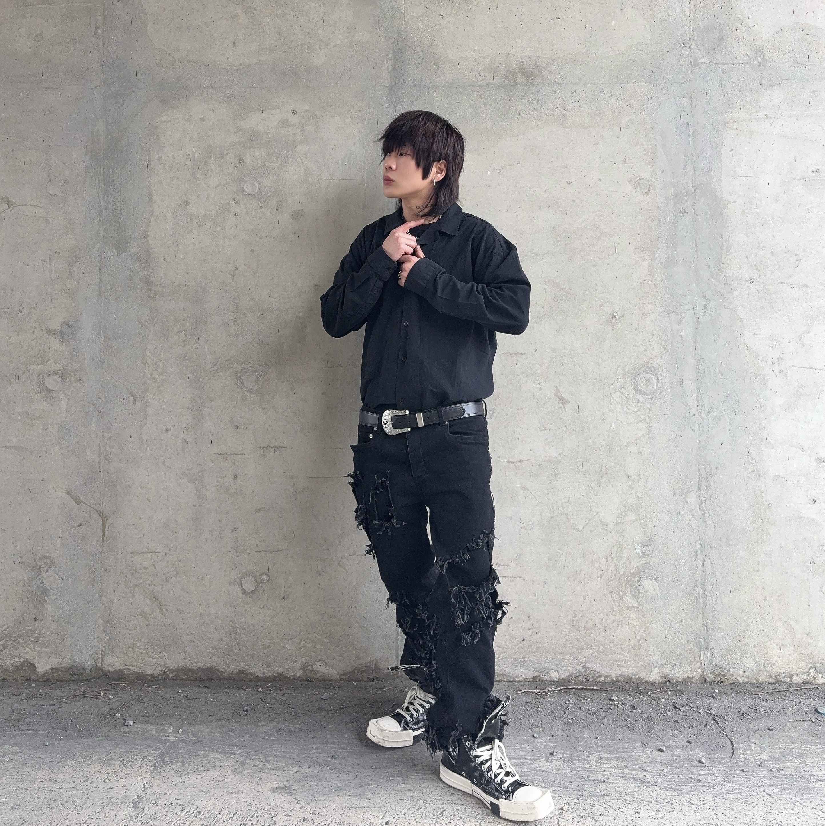 Converse x Drkshdw Turbodrk Chuck 70 Hi Black Lacquered Denim, Stussy SS Link Cowboy Belt Black 착용 스타일 - 2