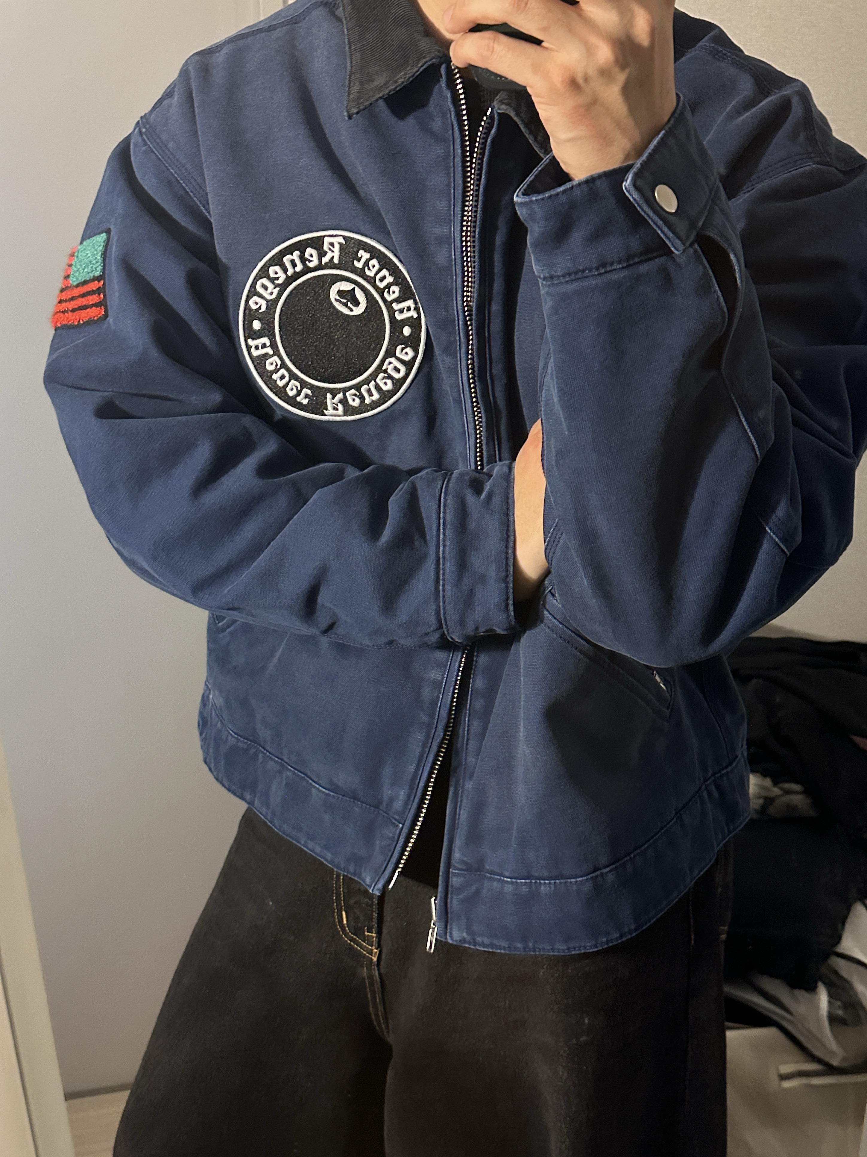 Stussy x Denim Tears Canvas Jacket Blue 착용 스타일 - 1