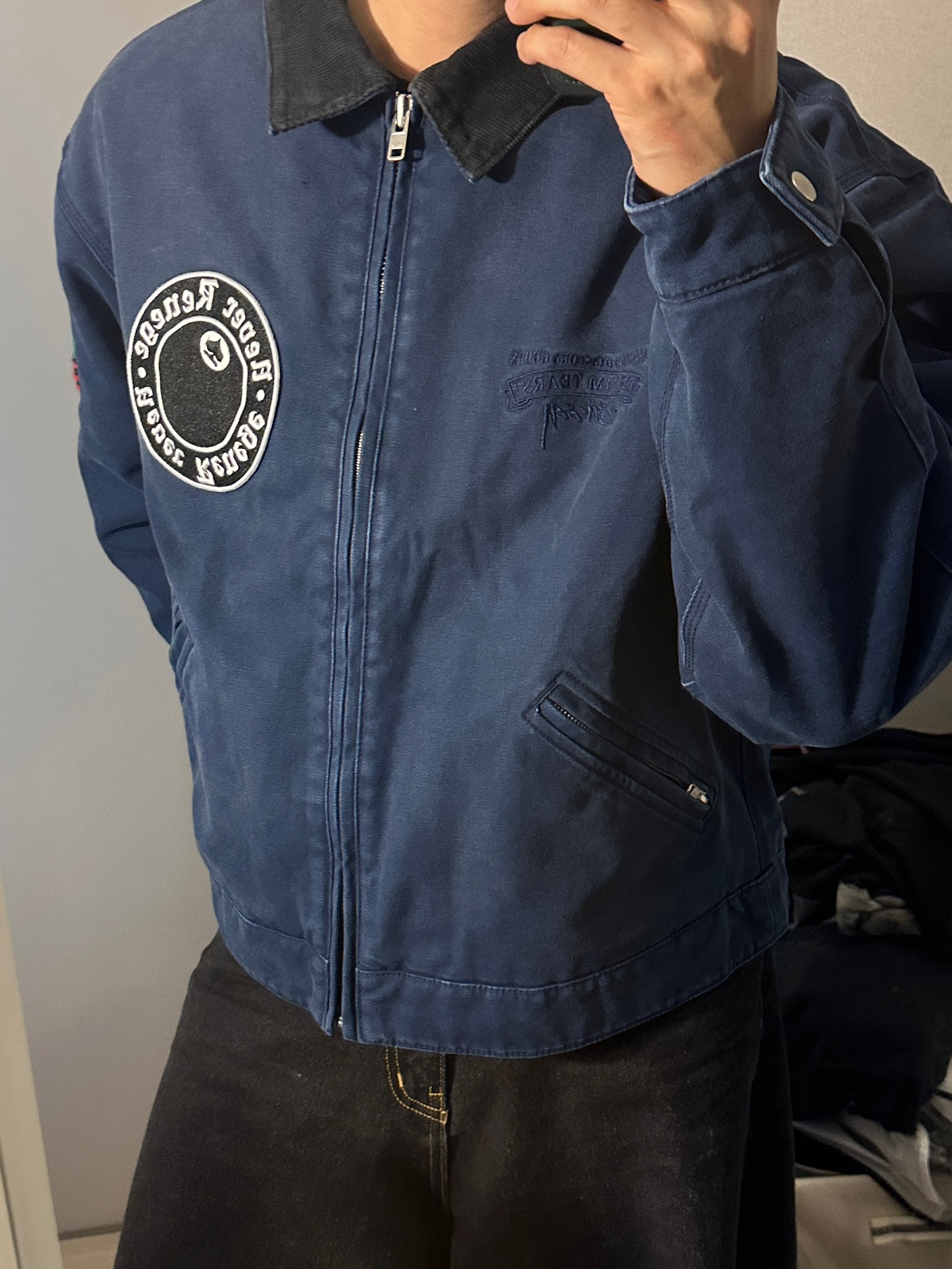 Stussy x Denim Tears Canvas Jacket Blue 착용 스타일 - 2