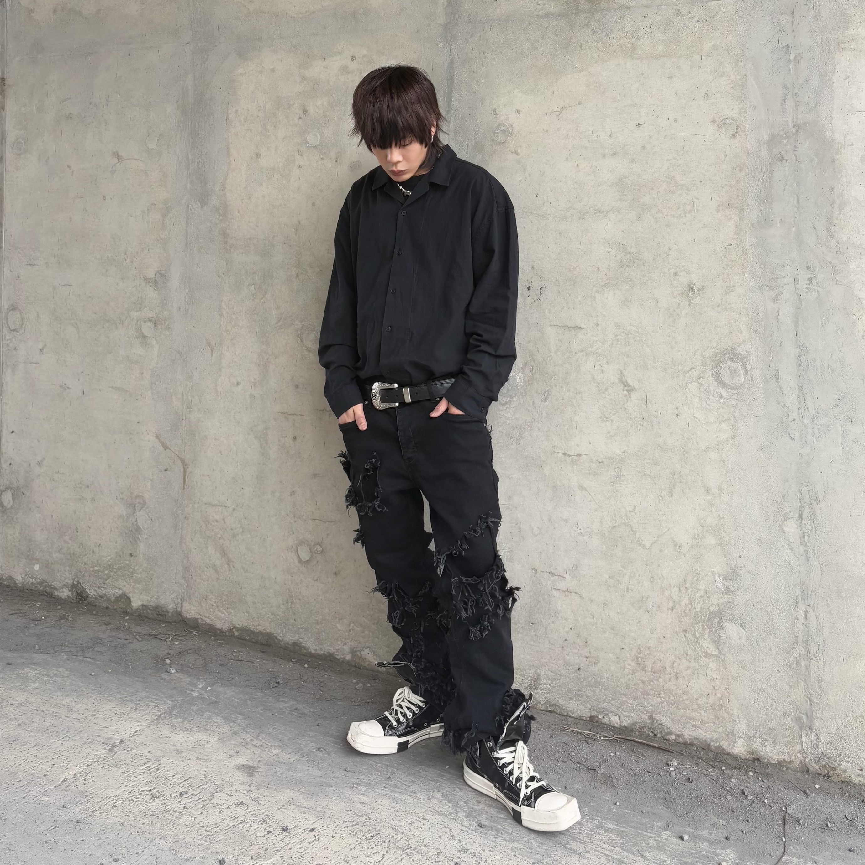 Converse x Drkshdw Turbodrk Chuck 70 Hi Black Lacquered Denim, Stussy SS Link Cowboy Belt Black 착용 스타일 - 1