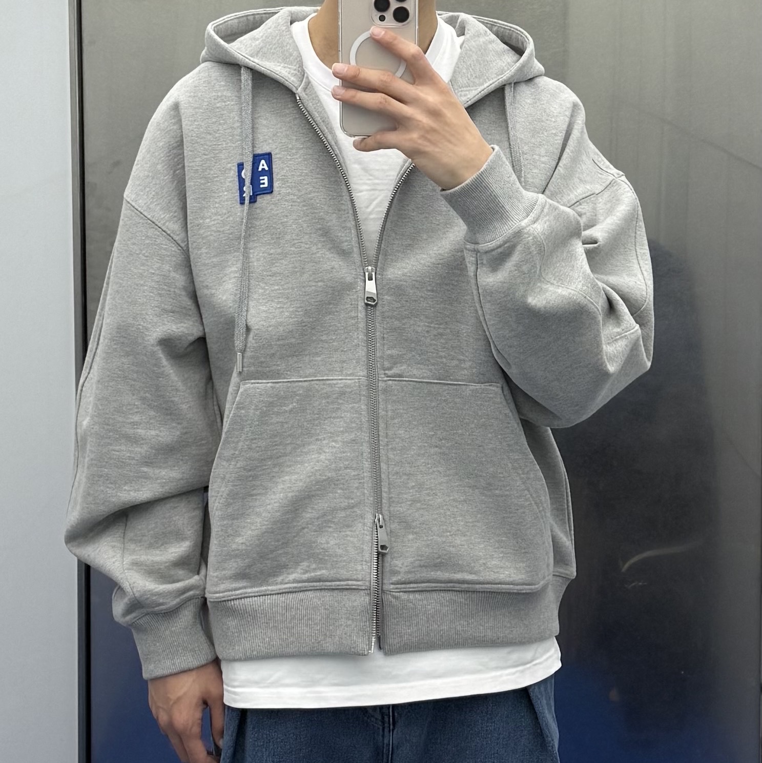 Ader Error Sig; TRS/BL Tag Hoodie Zip-Up 02 Grey 착용 스타일 - 2