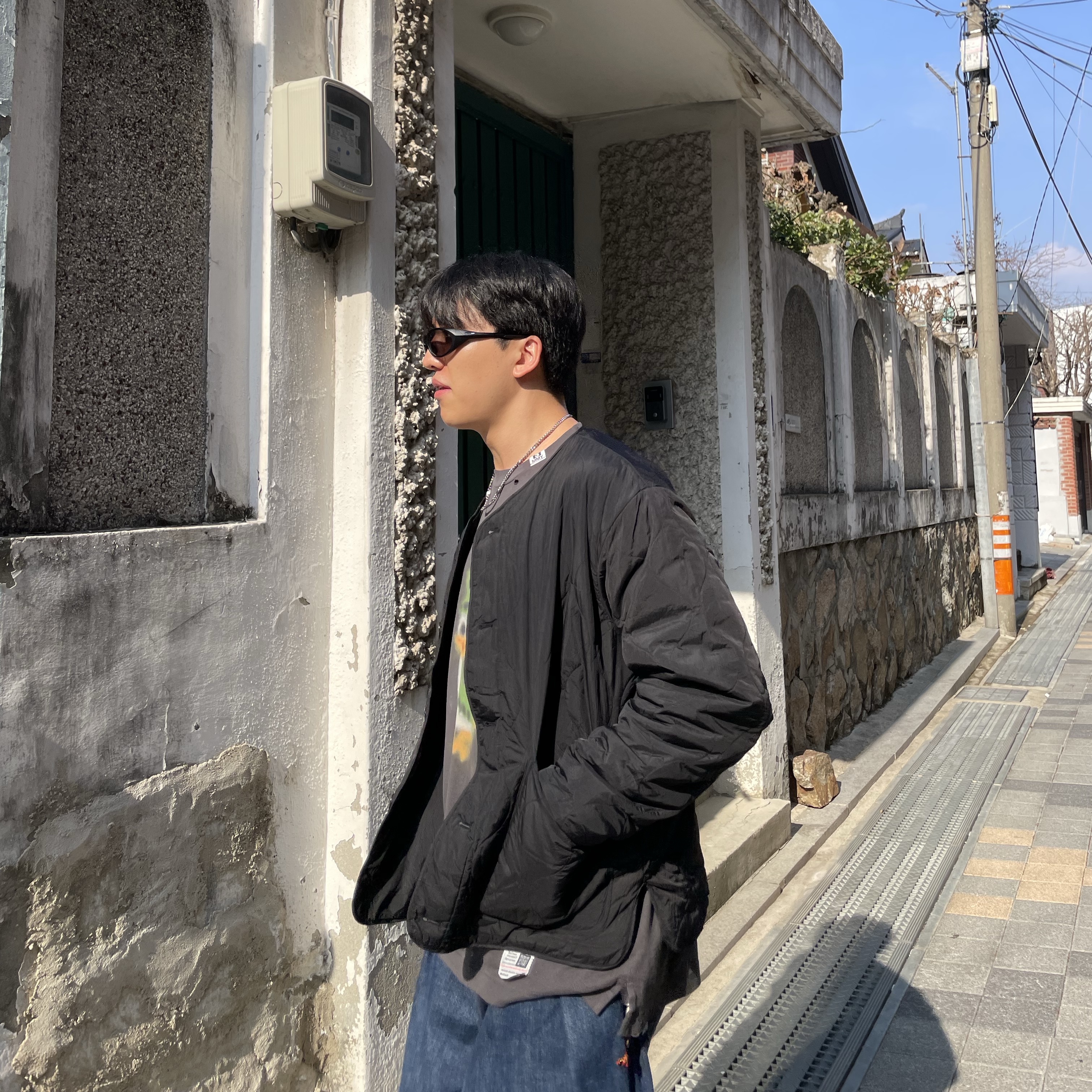 Oakley Eye Jacket Redux Matte Black Frame Prizm Grey Lenses High Bridge Fit, Zara x Ader Error Wide Leg Jeans Blue 착용 스타일 - 2