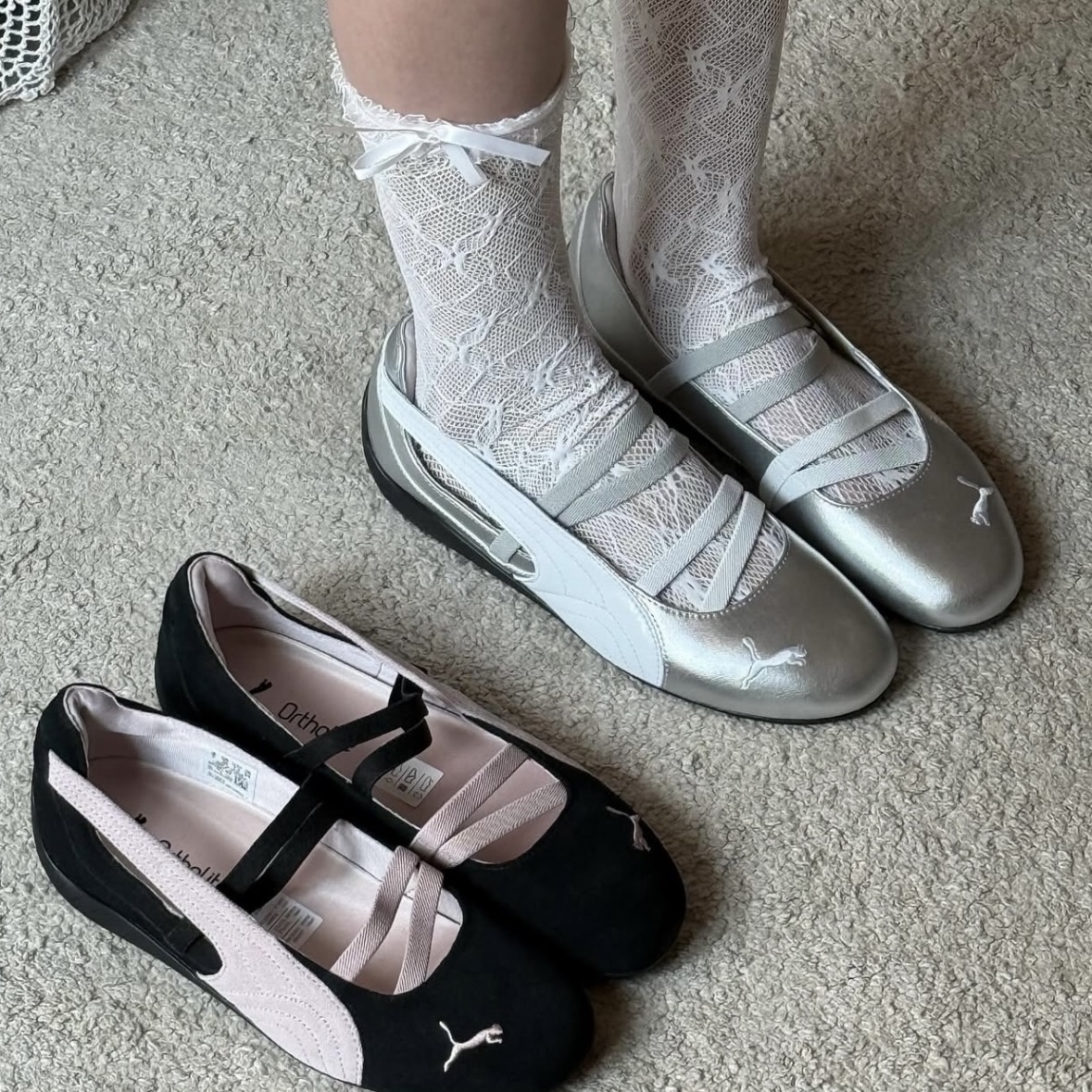 (W) Puma Speedcat Ballet Suede Puma  Black Mauve Mist, (W) Puma Speedcat Ballet Metallic Puma Silver Puma White 착용 스타일