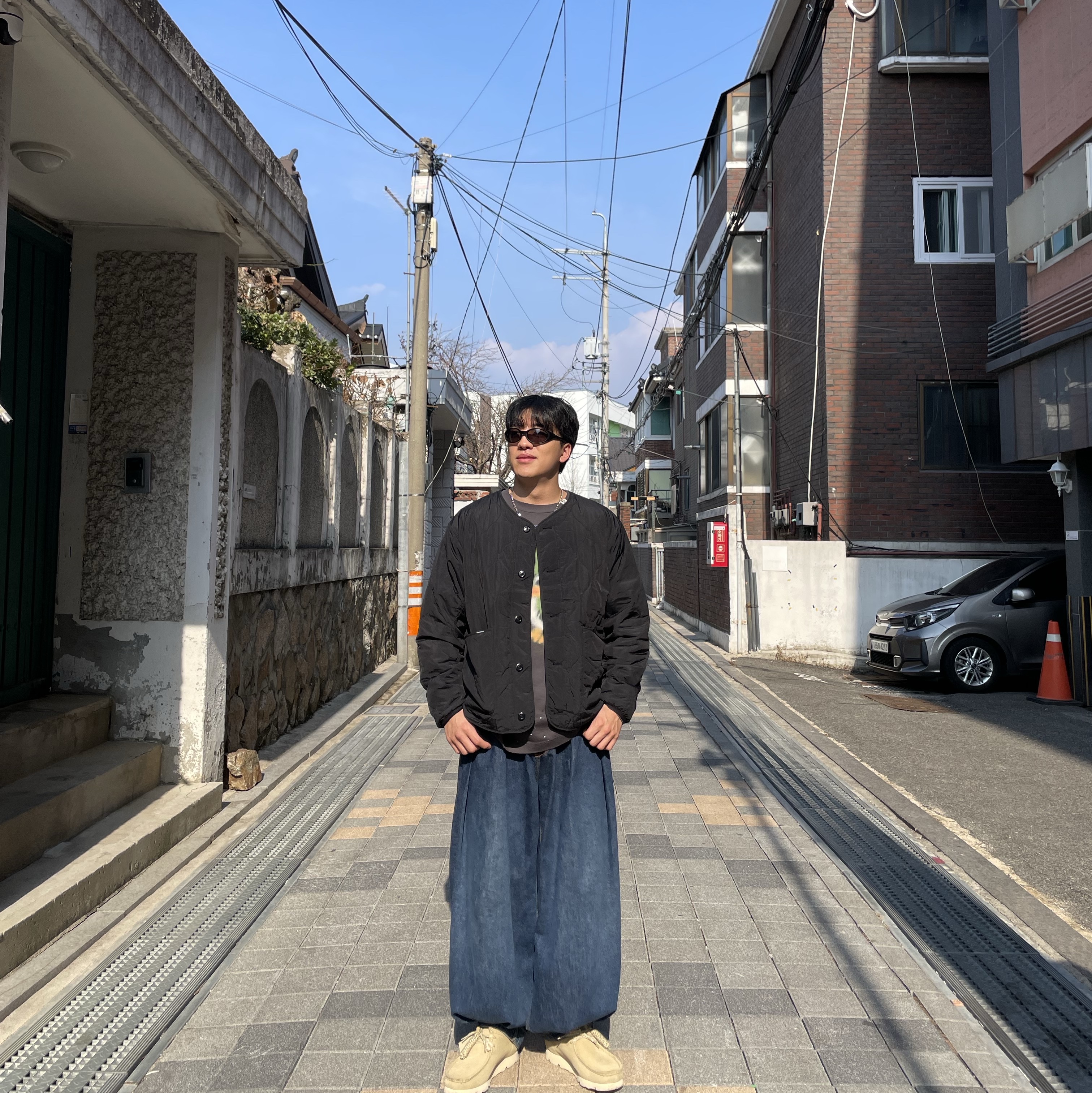 Oakley Eye Jacket Redux Matte Black Frame Prizm Grey Lenses High Bridge Fit, Zara x Ader Error Wide Leg Jeans Blue 착용 스타일 - 1