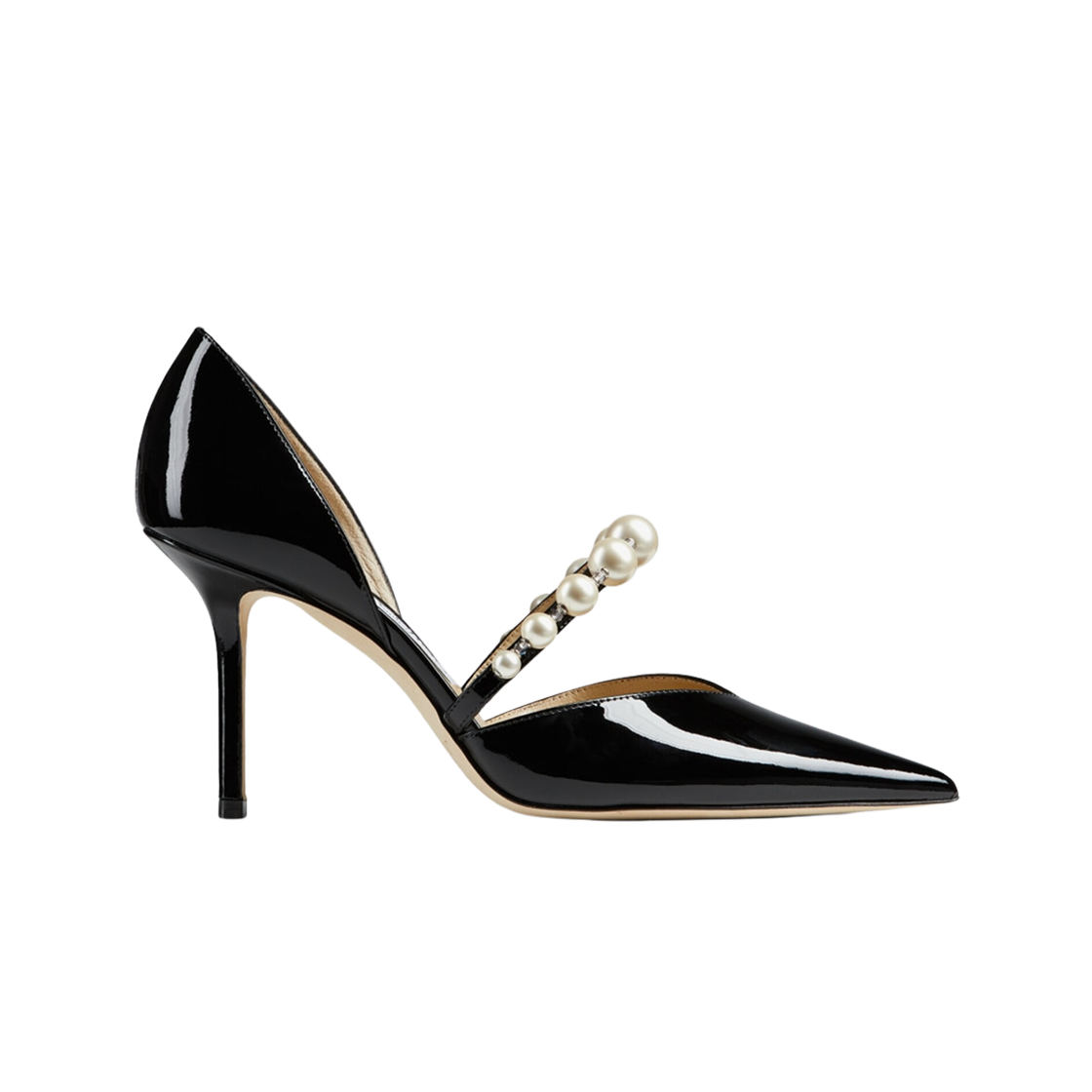 (W) 지미추 오렐리 85 펄 엠벨리시먼트 페이턴트 레더 포인티드 펌프스 블랙 화이트((W) Jimmy Choo Aurelie 85 Patent Leather Pointed Pumps with Pearl Embellishment Black White)