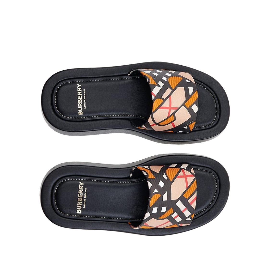 (W) 버버리 모노그램 프린트 캔버스 슬라이드 브라이트 오렌지 블랙((W) Burberry Monogram Print Canvas Slides Bright Orange Black) - 2