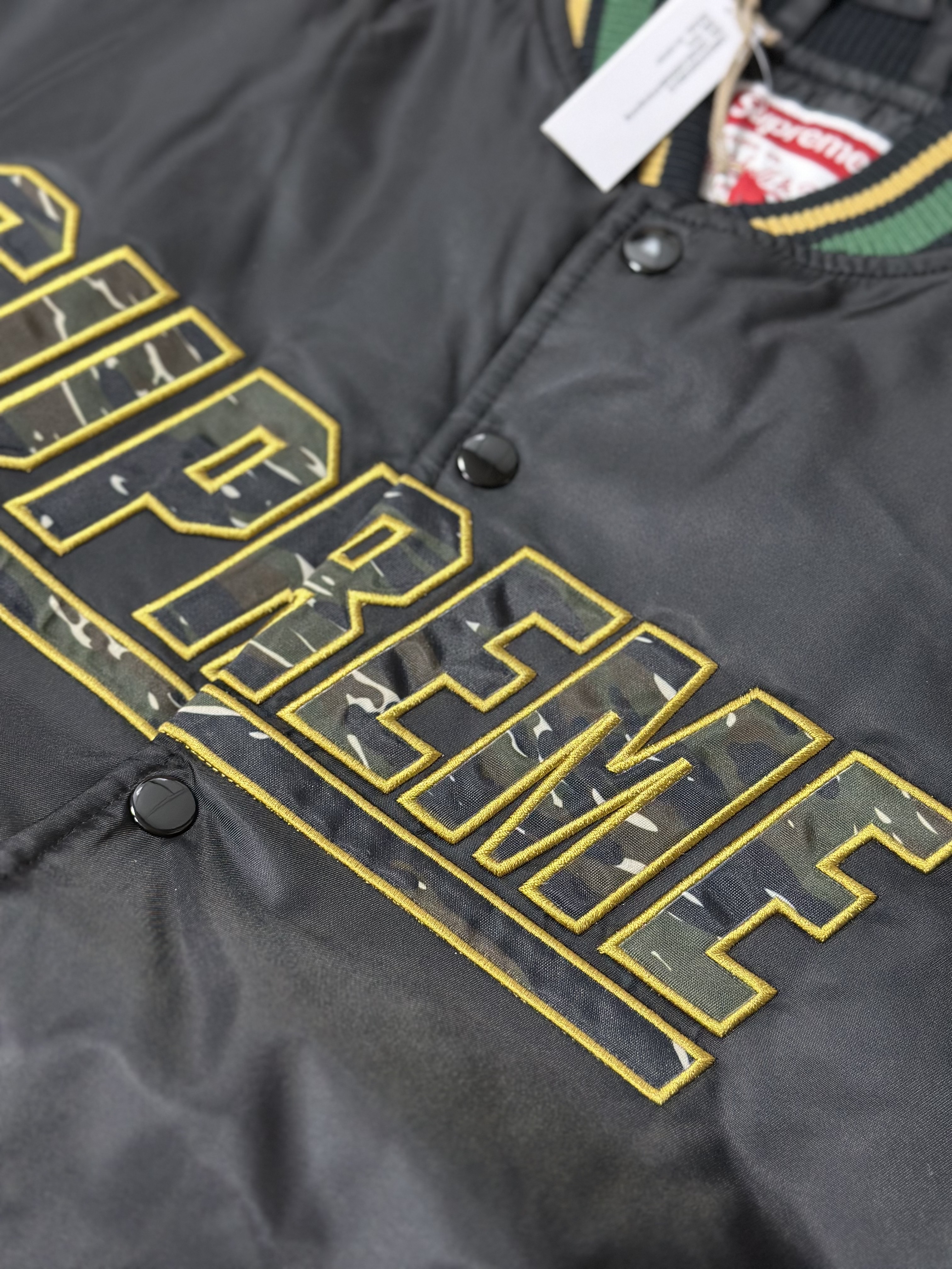 Supreme Mitchell & Ness Camo Logo Varsity Jacket Black - 25SS 착용 스타일 - 1