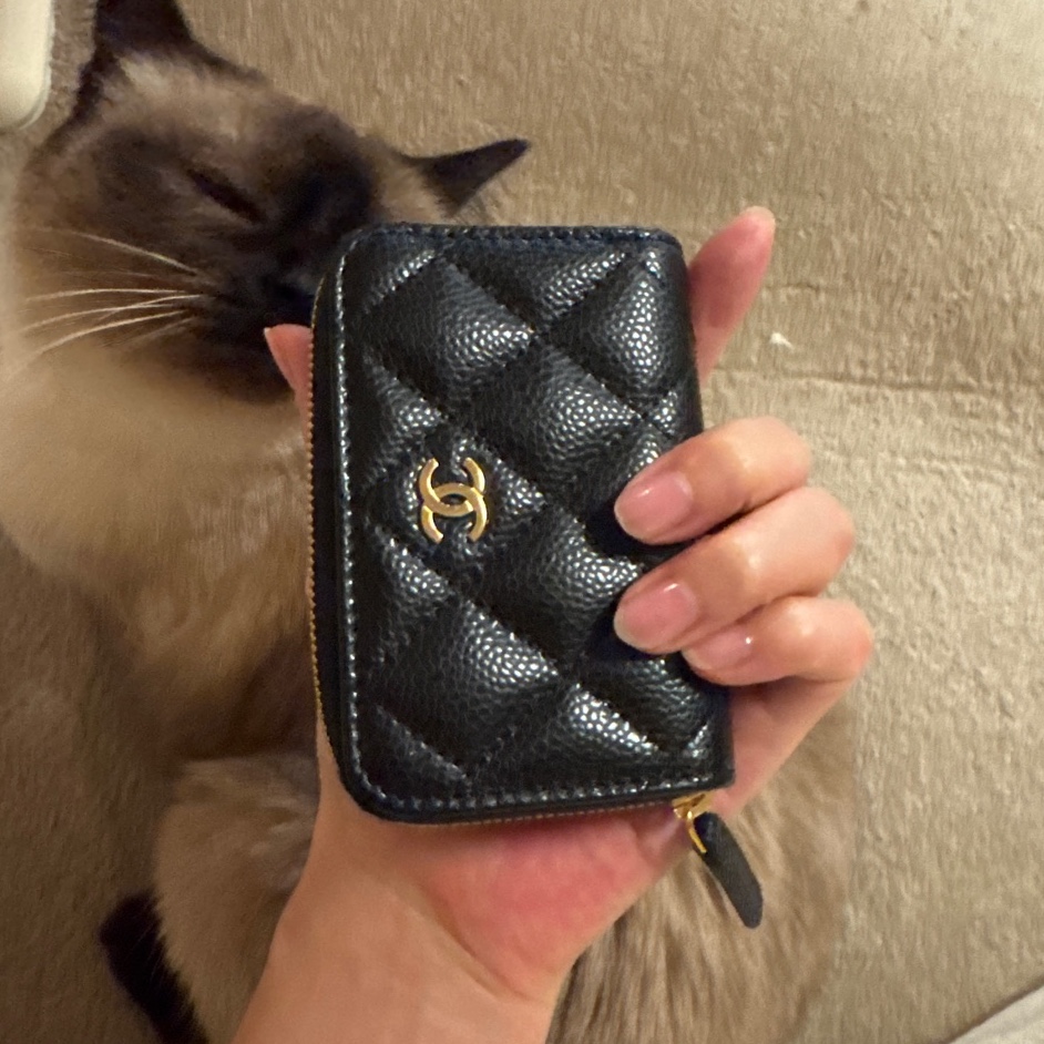 Chanel Classic Zipped Coin Purse Grained Calfskin & Gold Black 착용 스타일 - 2