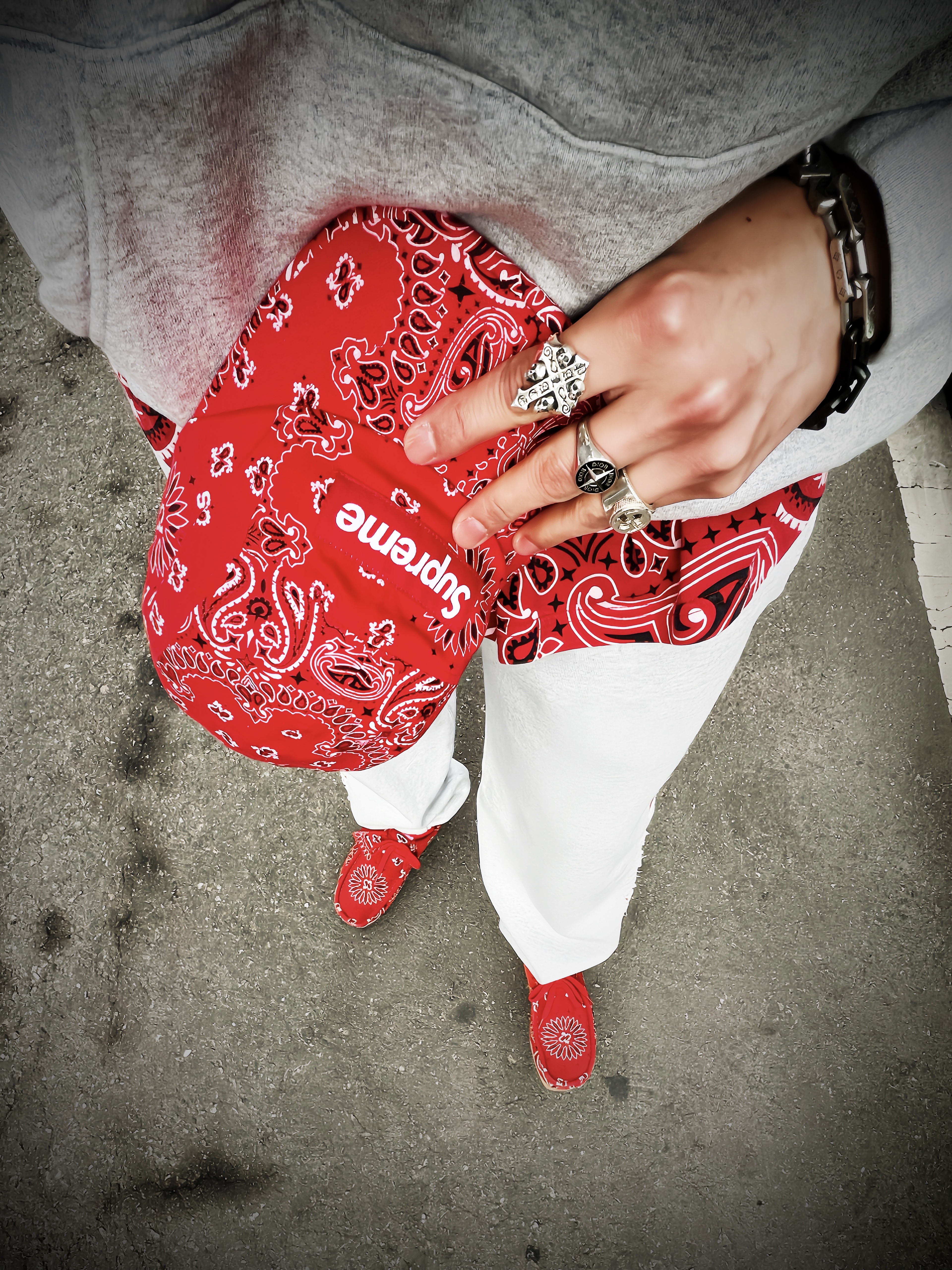 Supreme Bandana Camp Cap Red - 21SS, Supreme Small Box T-Shirt Red Bandana - 21SS 착용 스타일 - 4