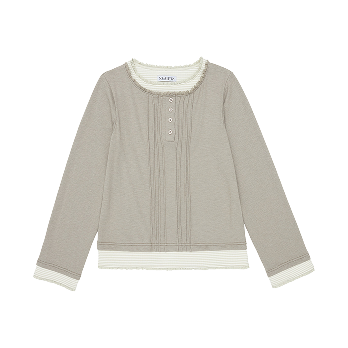 NASS25TS01KK Naaieen Vintage Layered Henley Neck Long Sleeve Khaki
