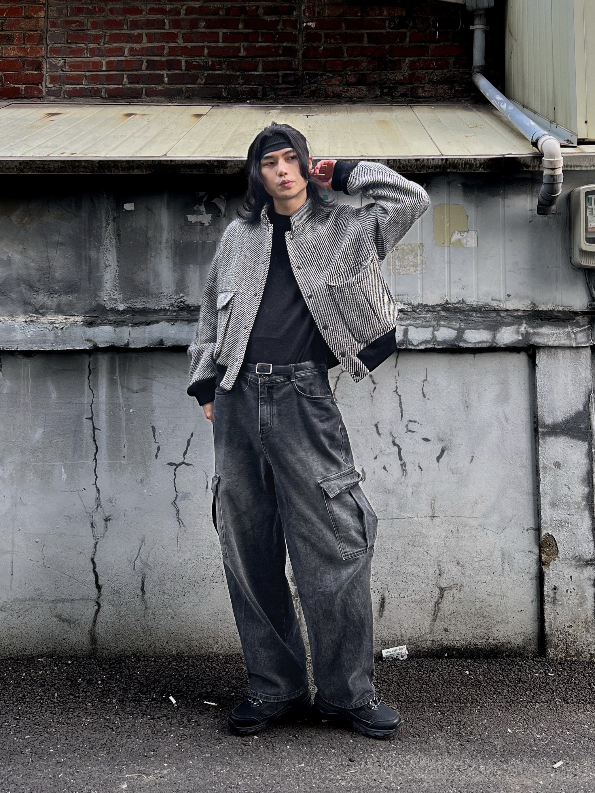 BY RANG Wool Blend Diagonal Stripe Slub Jacket Grey 착용 스타일 - 1