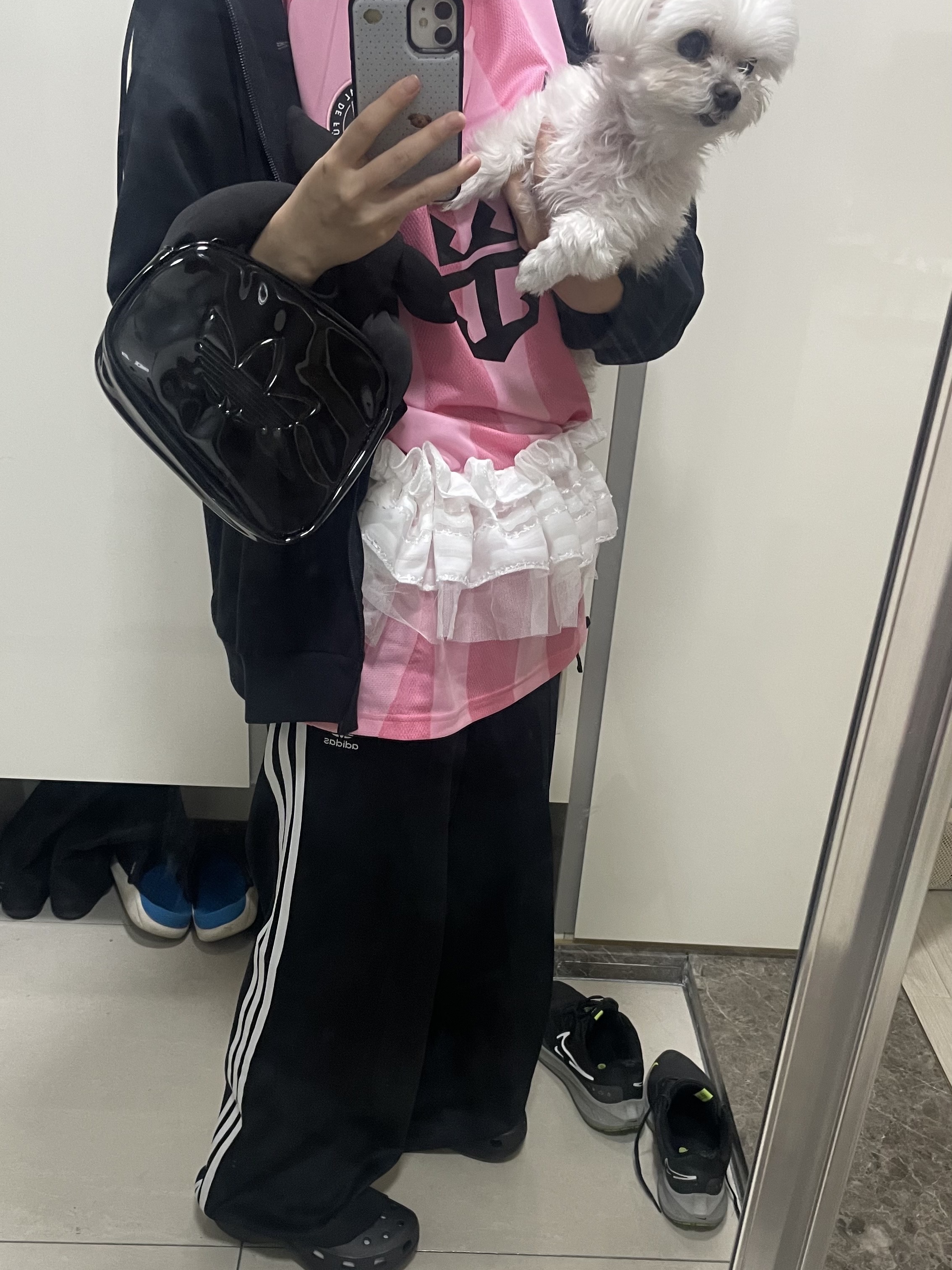 (W) Crocs Classic Platform Clog Black, (W) Adidas Adicolor Classic Wide Leg Pants Black - KR Sizing 착용 스타일 - 2