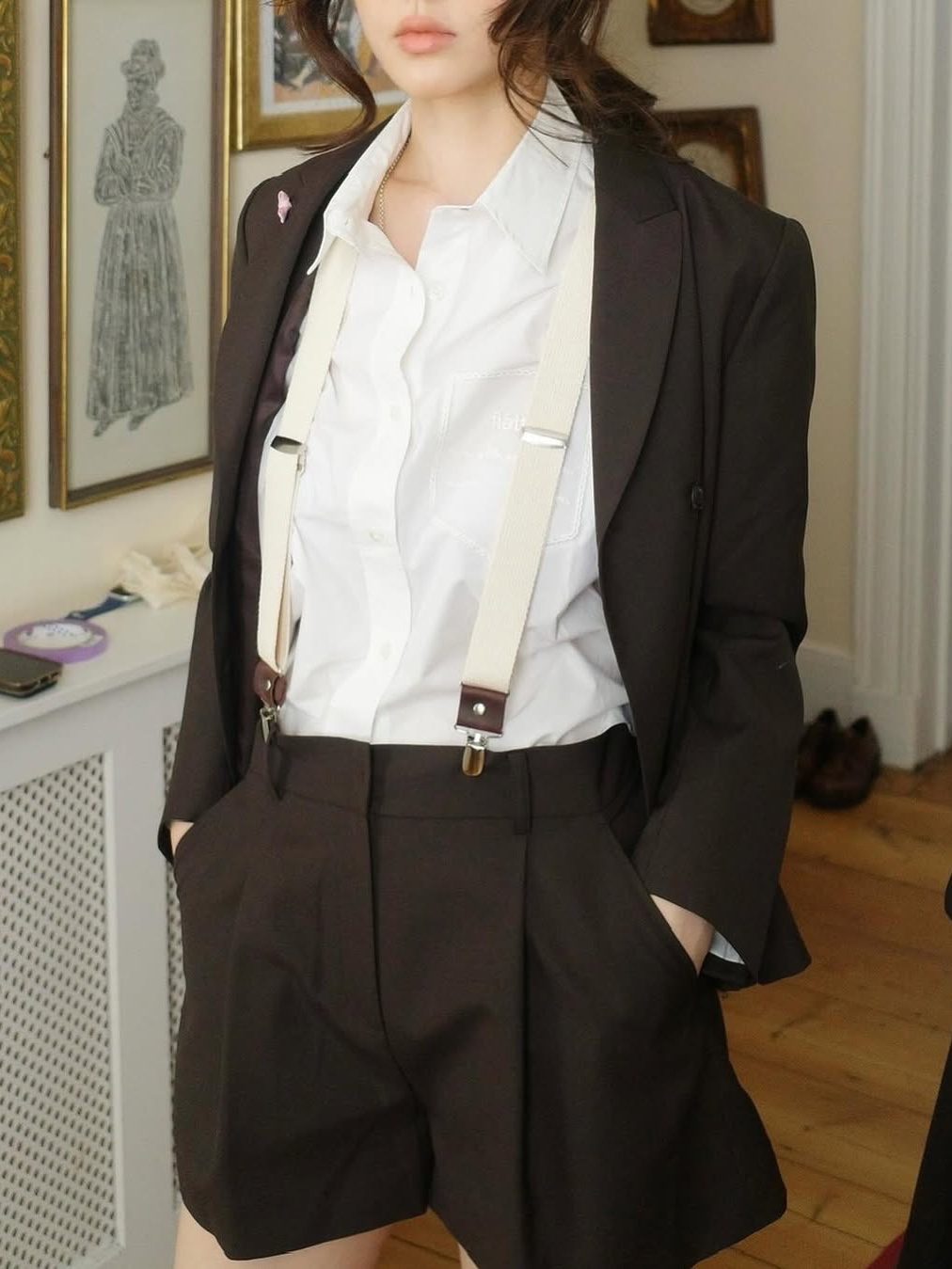 FLETTA Classic Double button Ribbon Jacket Gray, FLETTA Classic Double button Ribbon Jacket Brown 착용 스타일 - 2