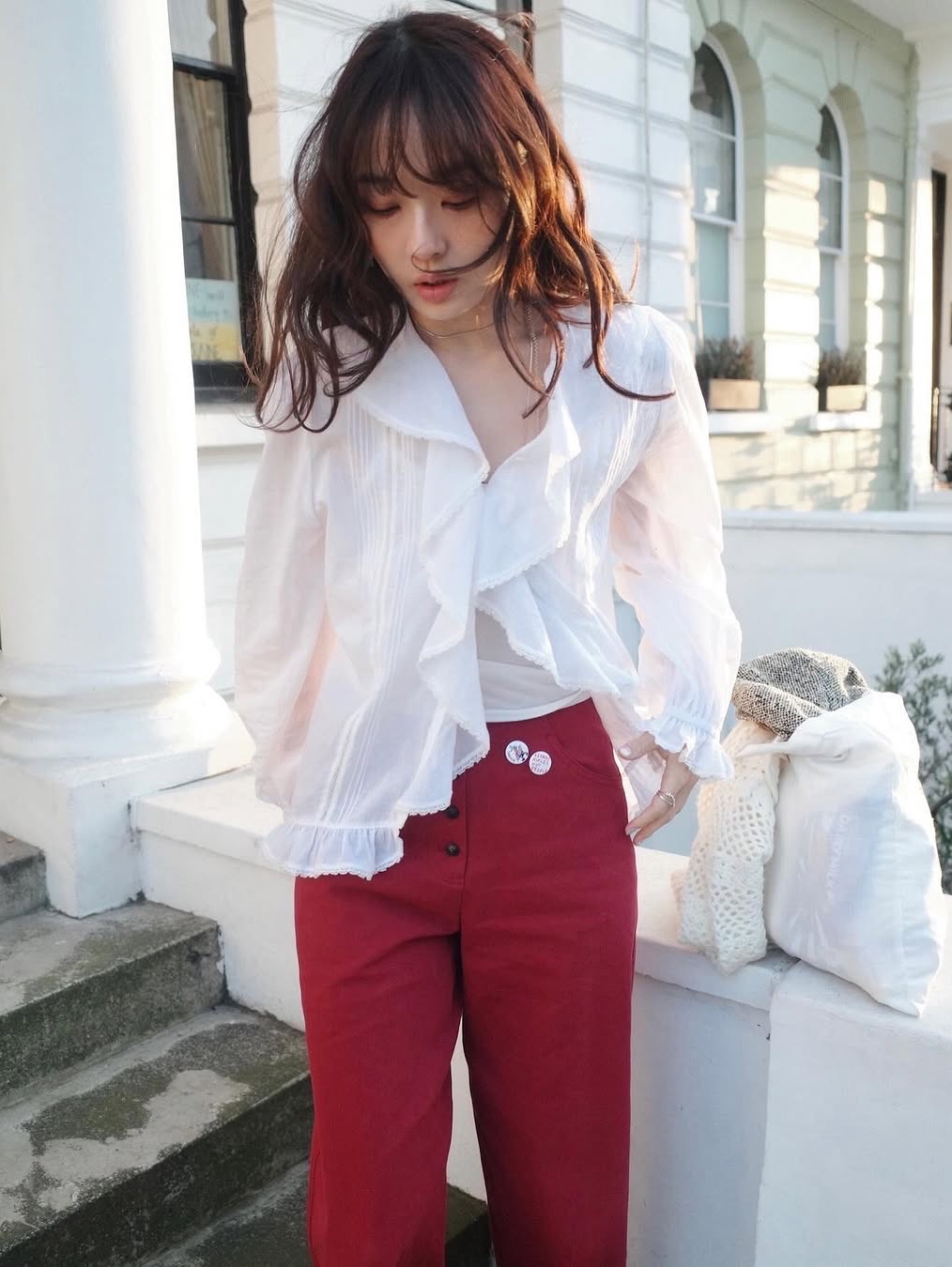 FLETTA Curved Cotton Pants Brown, FLETTA Curved Cotton Pants Red 착용 스타일 - 3