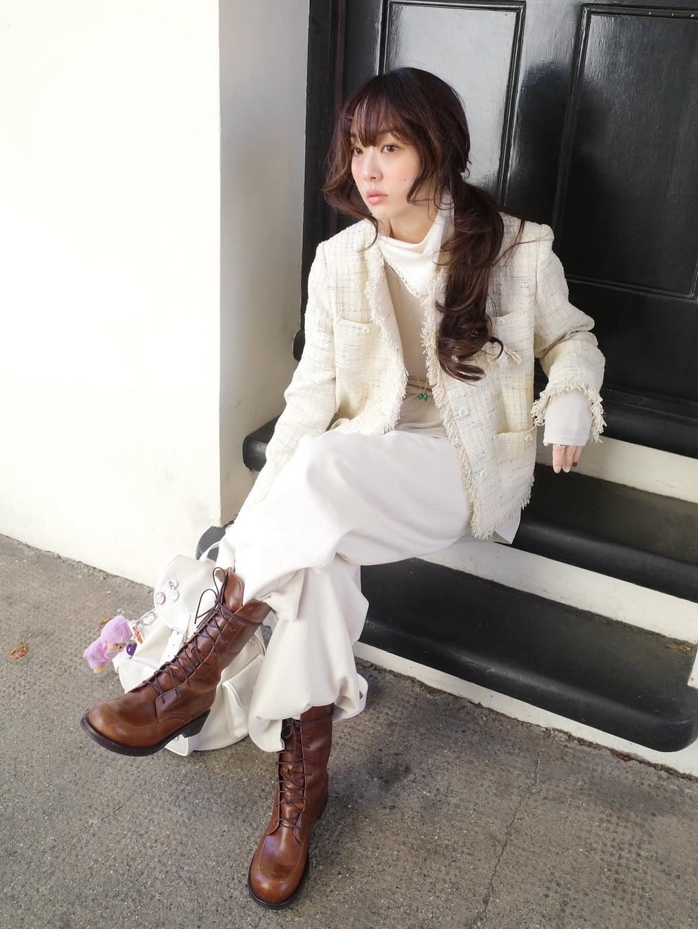 FLETTA Fringe Tweed Jacket with Corsage Cream, FLETTA Fringe Tweed Jacket with Corsage Mint 착용 스타일 - 2