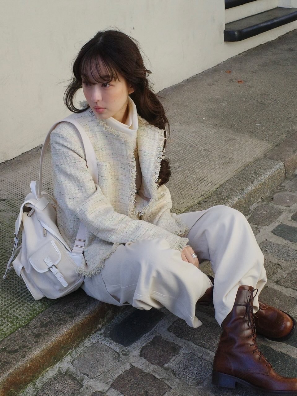 FLETTA Fringe Tweed Jacket with Corsage Cream, FLETTA Fringe Tweed Jacket with Corsage Mint 착용 스타일 - 1