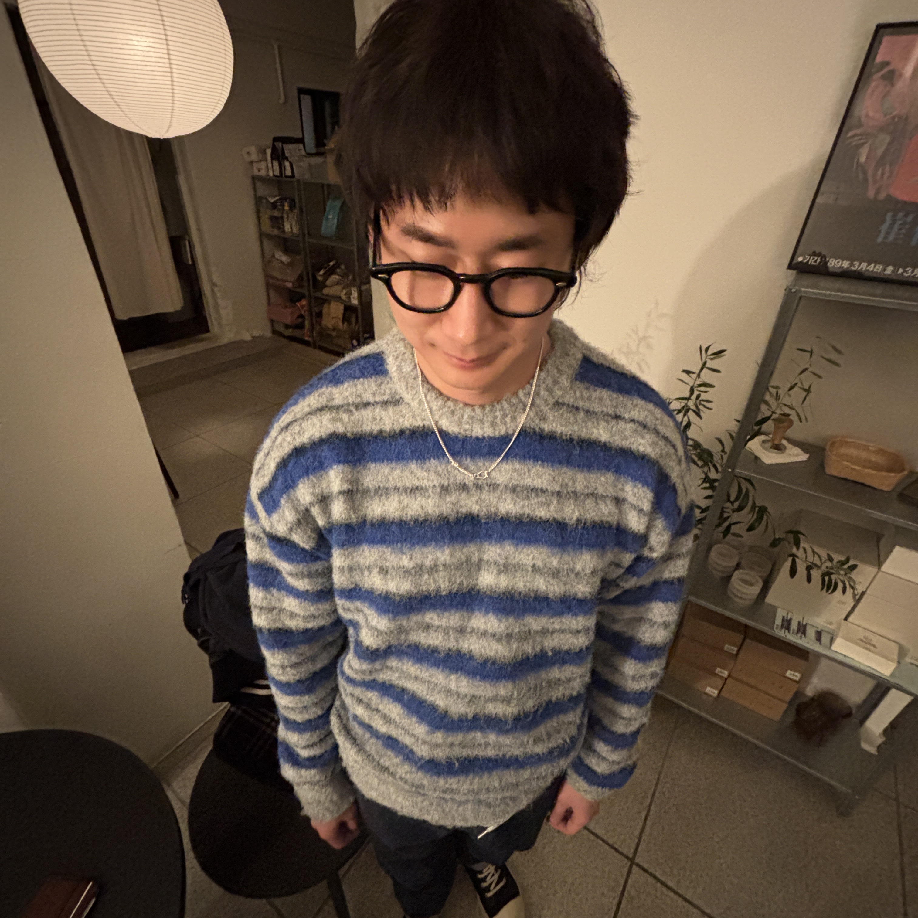 STU X HANK Stripe Hairy Knit Blue 착용 스타일 - 2