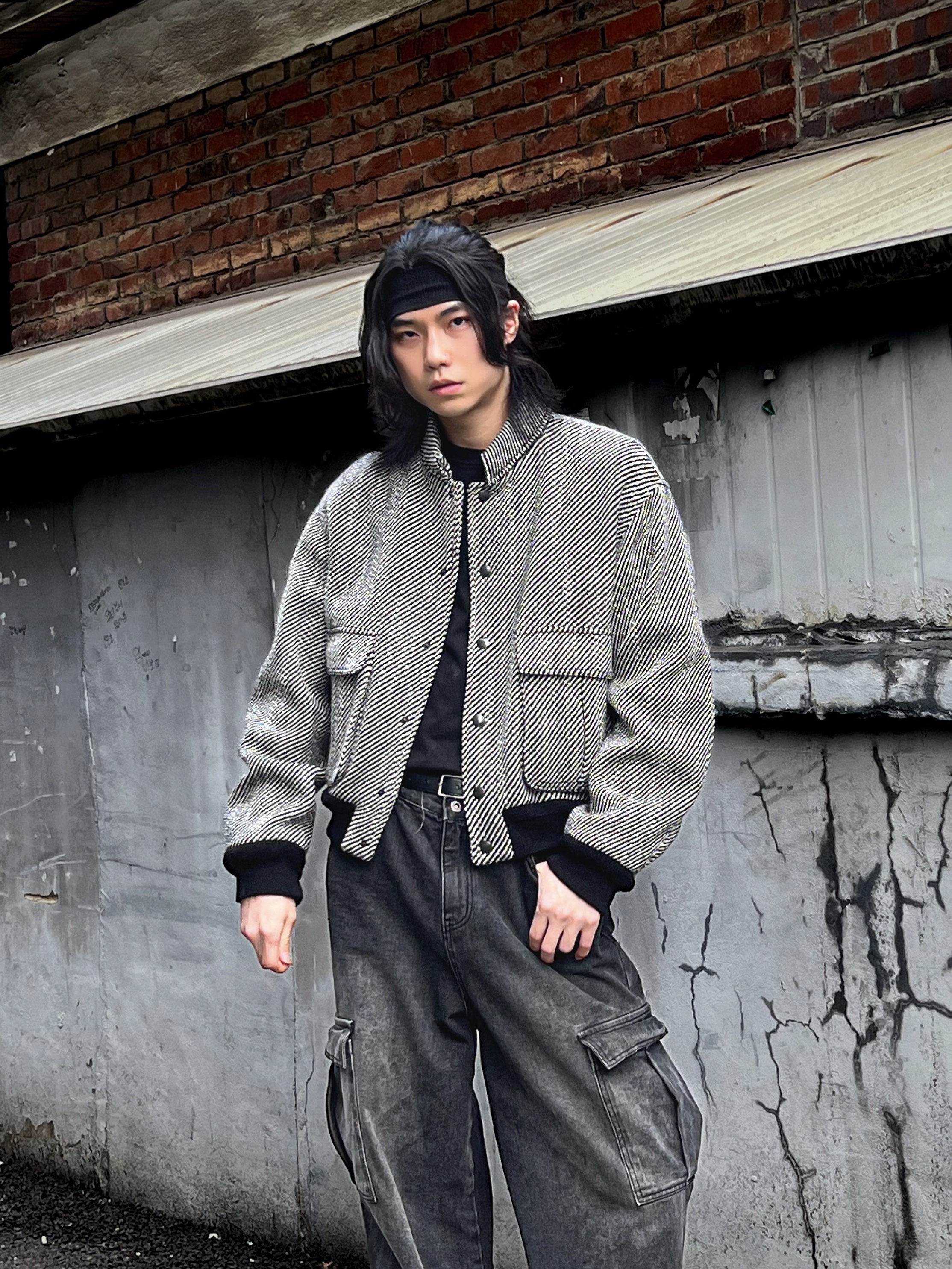 BY RANG Wool Blend Diagonal Stripe Slub Jacket Grey 착용 스타일 - 2